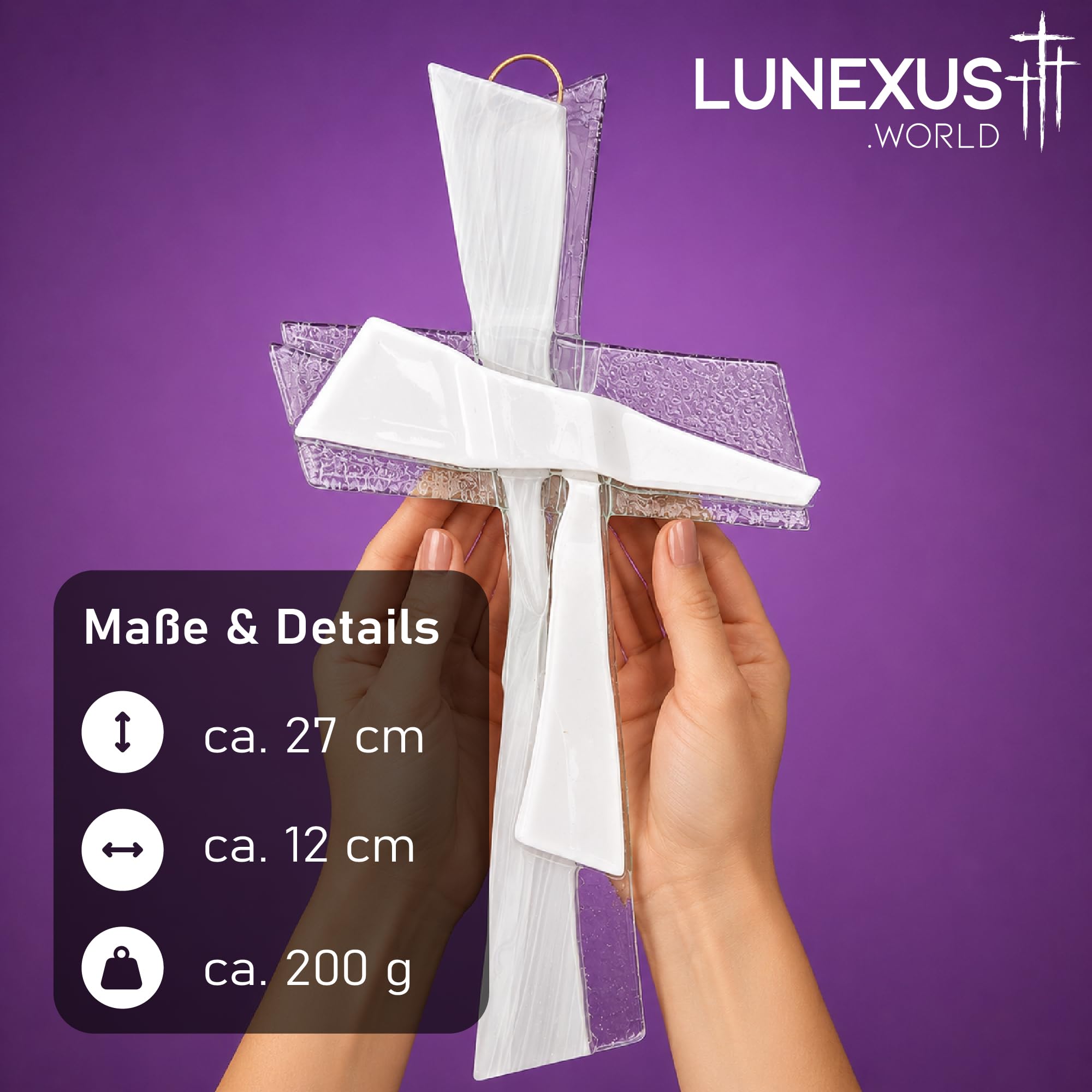 Lunexus Croix en verre blanc transparent 27 x 12 cm Cadeau de baptême communion confirmation Croix murale blanche faite à la main Allemagne certificat bénédiction
