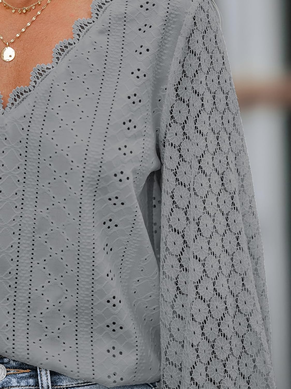 CUPSHE Long Sleeve Tops for Women Eyelet Scalloped Lace V Neck Blouse Casual Loose Fashion Shirts - Image 5