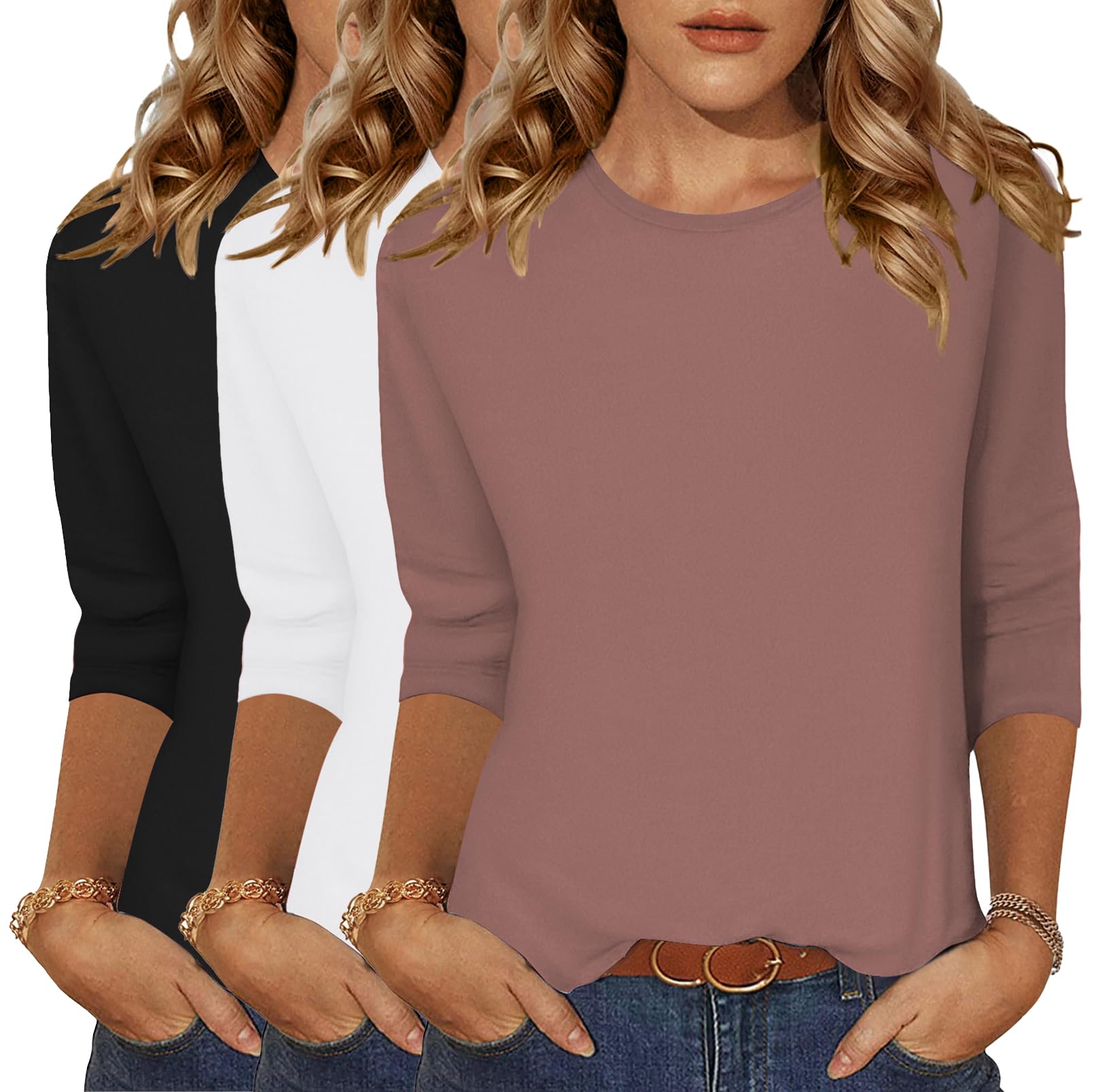 Zeagoo Tops for Women 3 Pack 3/4 Sleeve Crewneck Cute Basics Tees Casual Fashion Summer T Shirts Business Work Tee Top