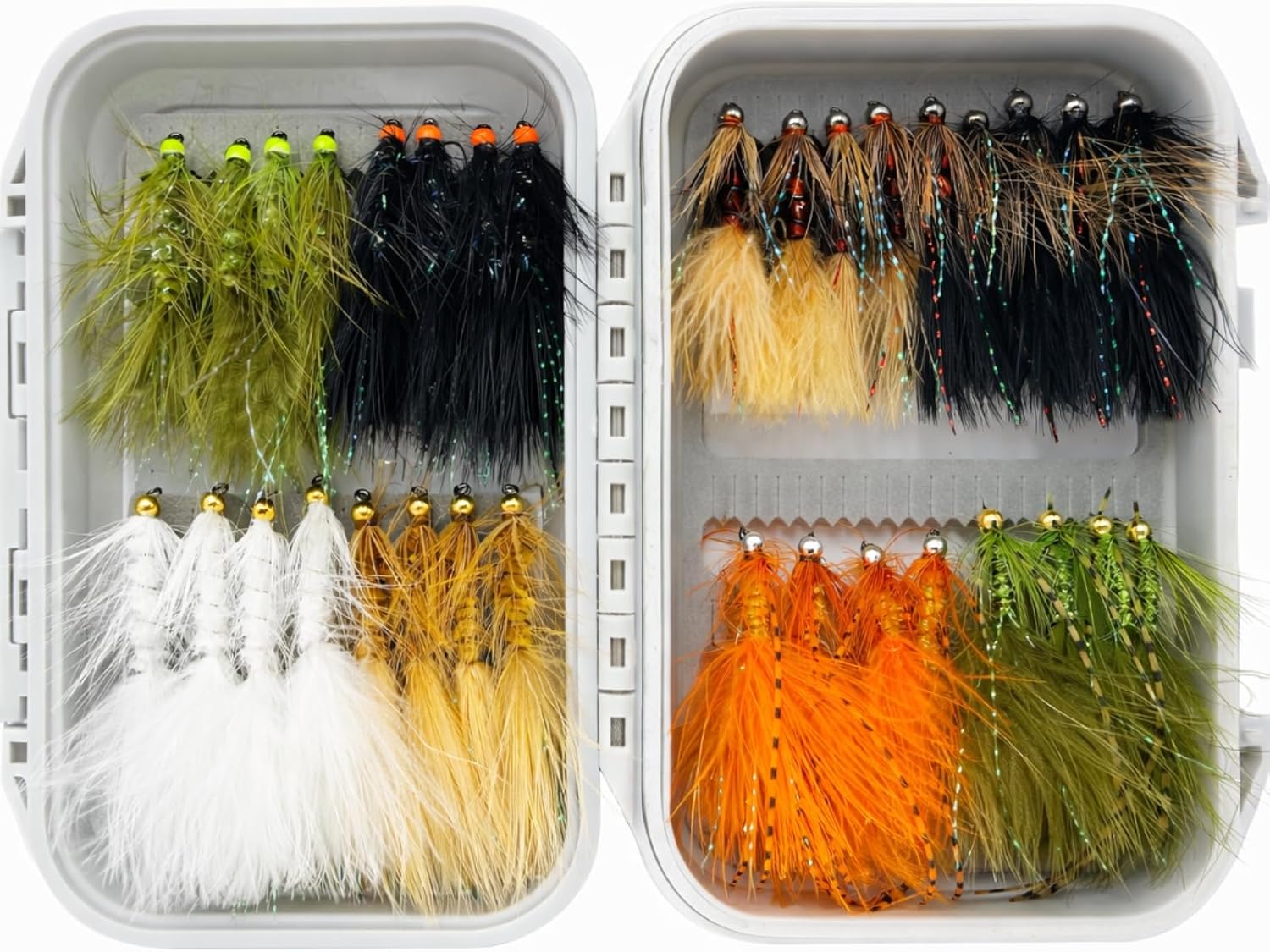 Wooly Bugger Fly Fishing Flies Streamer Assortment, 30Pcs 8 Colors Including 8 Tungsten Bead Head Flies, Waterproof Fly Box, Hook Sizes 4-10 for Trout Bass Panfish
