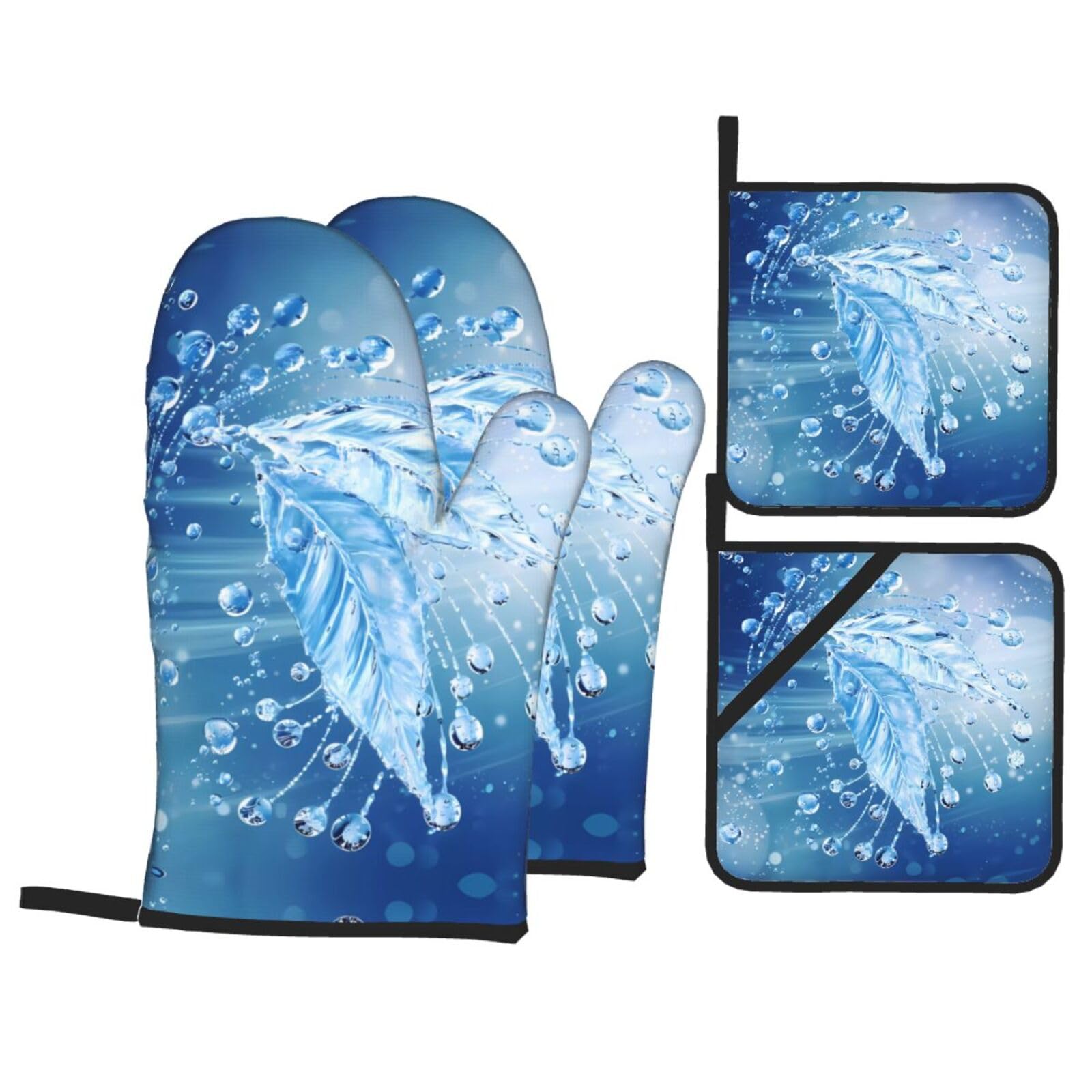 WHJSHOP Ocean Water Prints Kitchen Baking Throw Set with Heat Resistance, Waterproof Oven Mitts & Pot Holders for Cooking, Grilling & Handling Hot Dishes