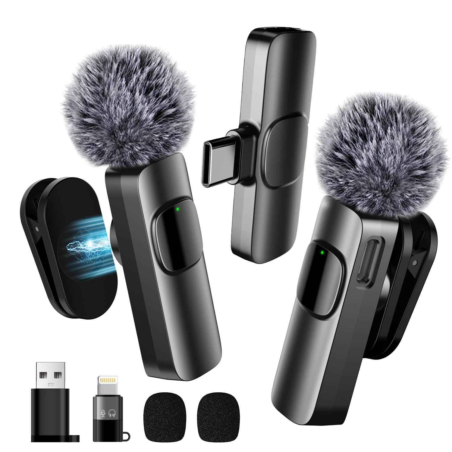 BYbrutek Upgraded 3-in-1 Wireless Lavalier Microphone with an Adjustable Collar Clip and Adapter - for iPhone/Android/Computer - Mini Mic for Video Recording/Podcasts, Built-in Noise-Canceling Chip