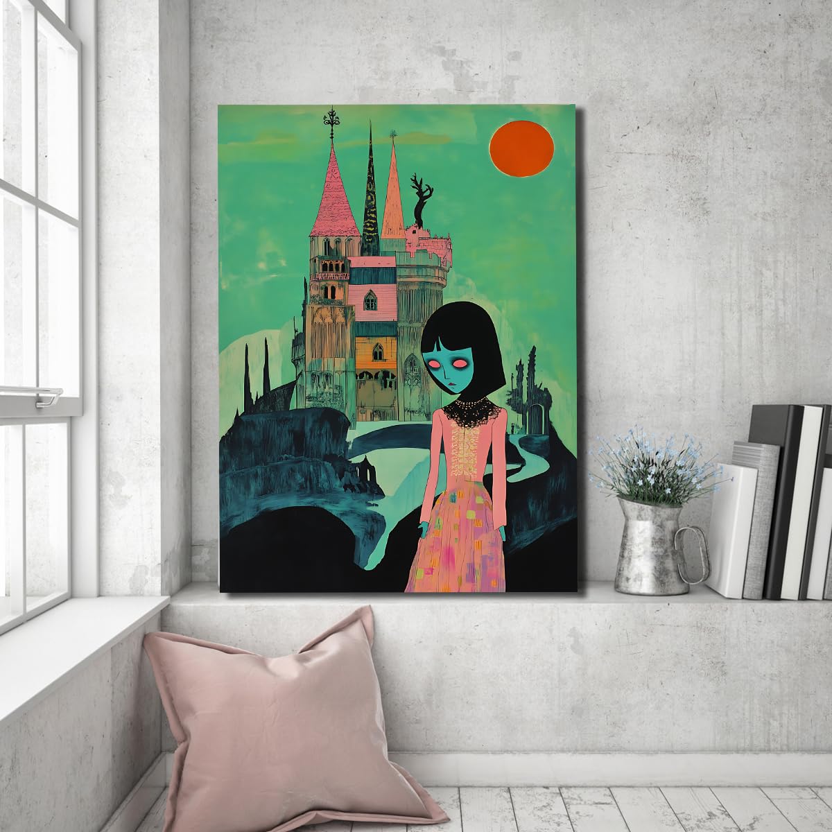 CHERHERART Surrealistyczna róża zielona sztuka ścienna zamek gotycki obraz na płótnie ciemne i fantazyjne wydruki sypialnia przedszkole dom 45 x 70 cm struktura wnętrza