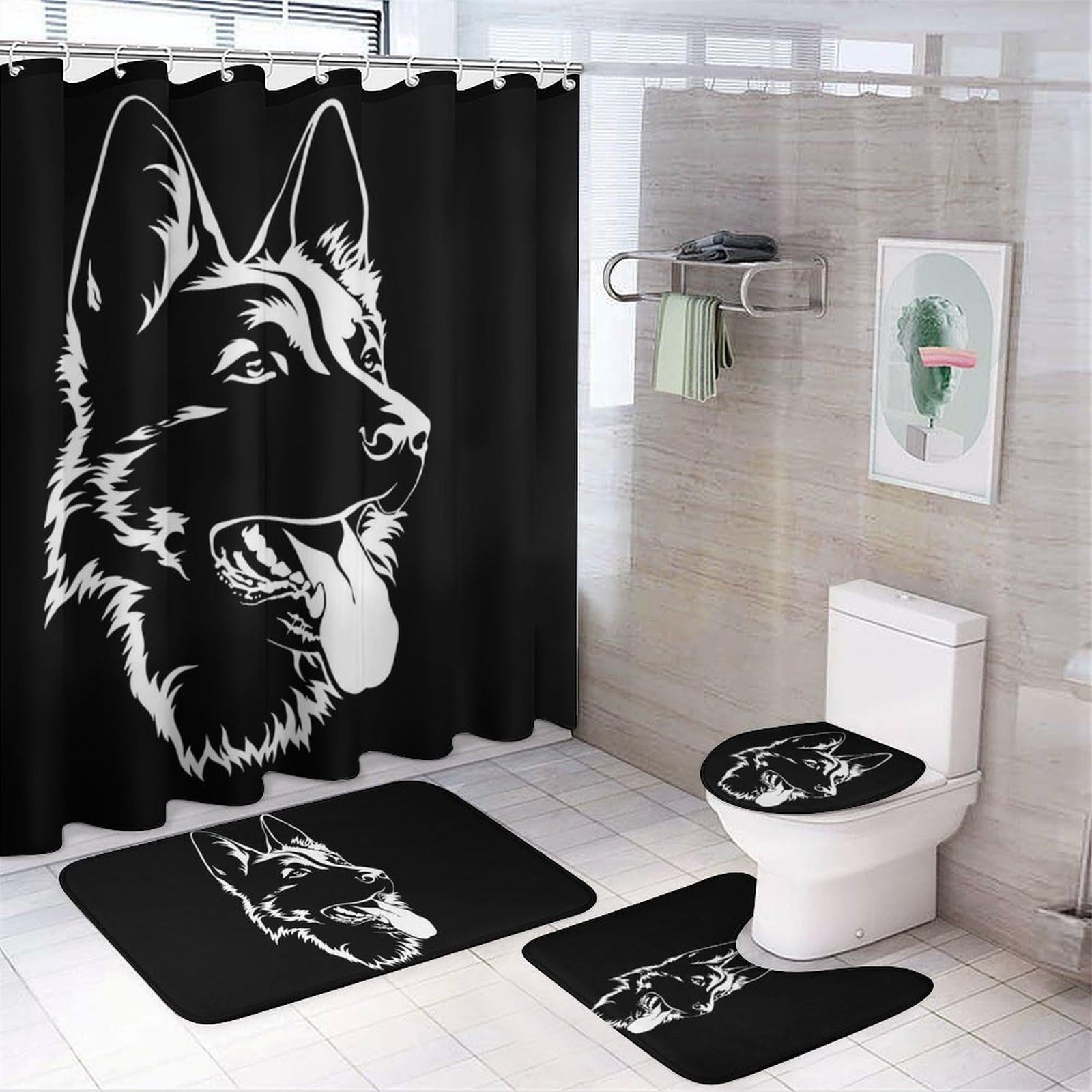 CGSBNGHA Black German Shepherd Shower Curtain Set 4 Piece Bathroom Sets with Rugs Toilet Lid Cover And U-Shaped Floor Mat