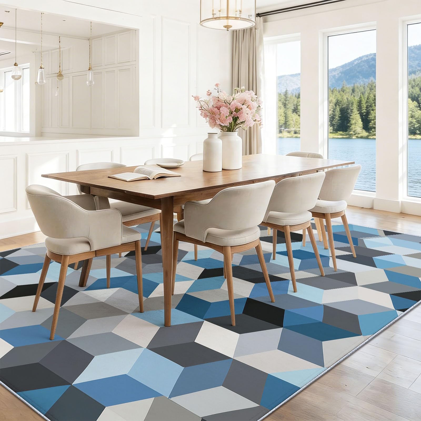 Minimalistisch geometrisch dreidimensional Teppich Wohnzimmer 80x150cm, rutschfest Kurzflor Kunstwolle Schlafzimmer Teppich, Waschbar blaugrau Bettvorleger Teppiche für Wohnzimmer Schlafzimmer
