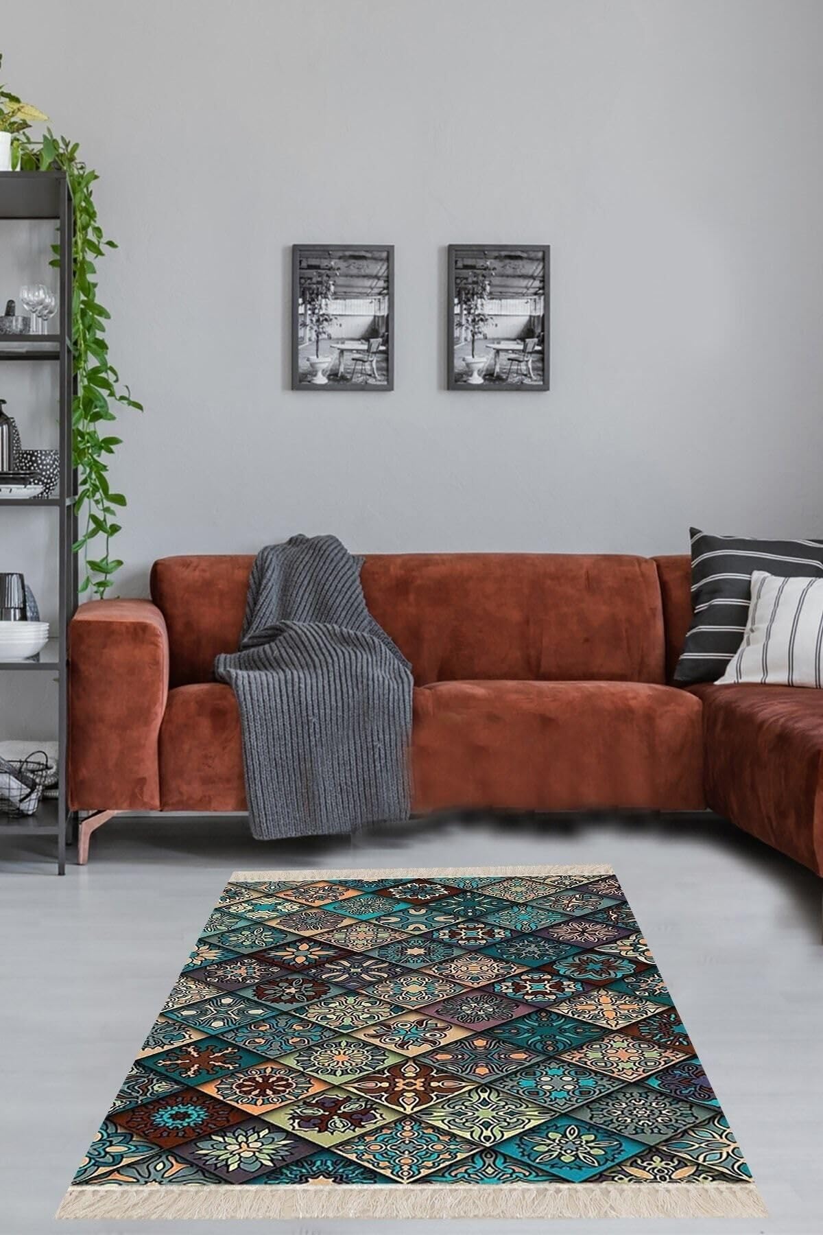 Pelangi Kilim Desenli Etnik Dijital Baskı Yıkanabilir Kaymaz Taban Eskitme Salon Halı ve Yolluk, Yeşil 80 x 200, 239080200728