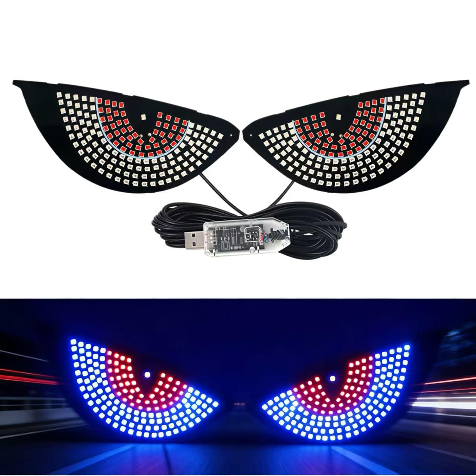 デビルアイ 車用 LED ライト 11モード点灯 USB給電 RGB 悪魔の目 カーアクセサリー ドレスアップ 窓 ガラス 警告灯 フロント リア ウィンドウ 装飾 ライト かっこいい 1ペア 赤＋青セット