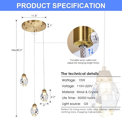Miniatura 3 de Lámpara colgante de cristal de 3 luces, lámpara moderna en racimo, lámpara colgante LED regulable con diseño de lágrima de latón, iluminación