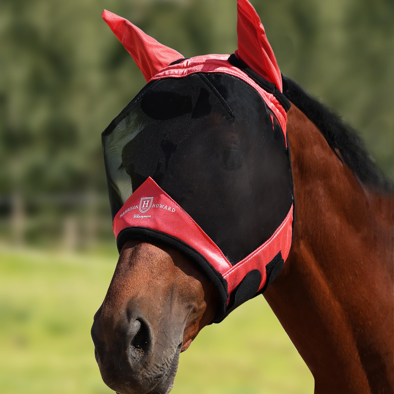Harrison Howard Pro Luminous Horse Half Face Fly Mask Large Eye Space with Ears UV Protection for Horse Coral Orange XL