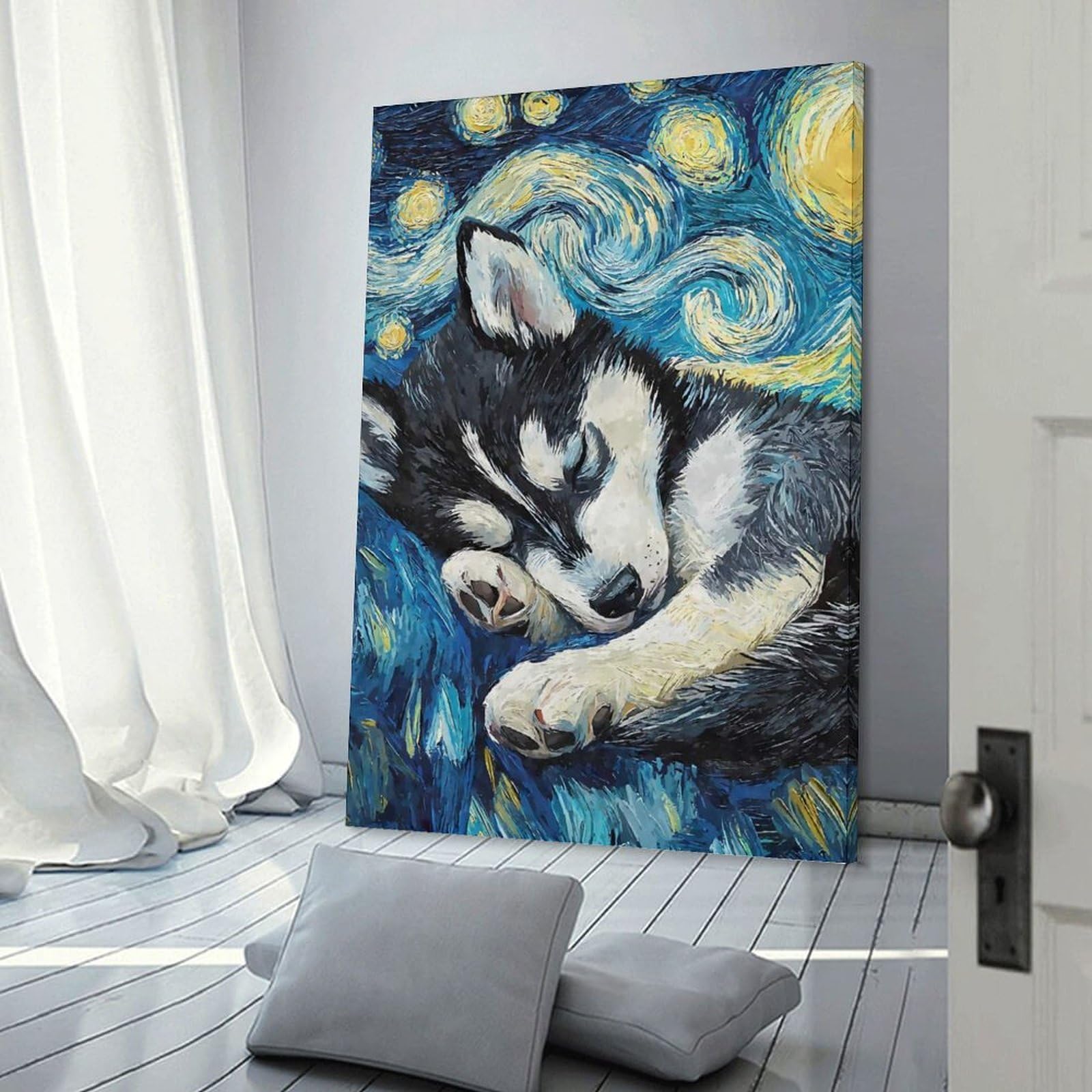 Junmoney Frame-Style-6 Wall Decor Canvas Print Husky Puppy Starry Night, 24X36inch(60X90cm), For Living Spaces, Bedrooms Or Relaxed Rooms, A Home Accent With Warm Character