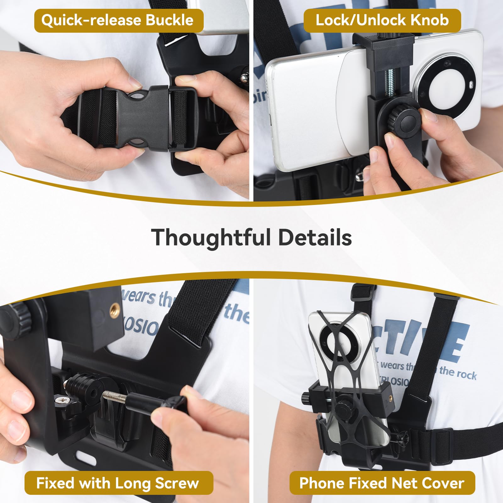 UTEBIT Support de Sangle de Poitrine pour Téléphone Harnais de Fixation Torse Réglable pour Caméras d'action Sangle de Montage Téléphone Compatible avec Gopro pour iPhone pour Samsung