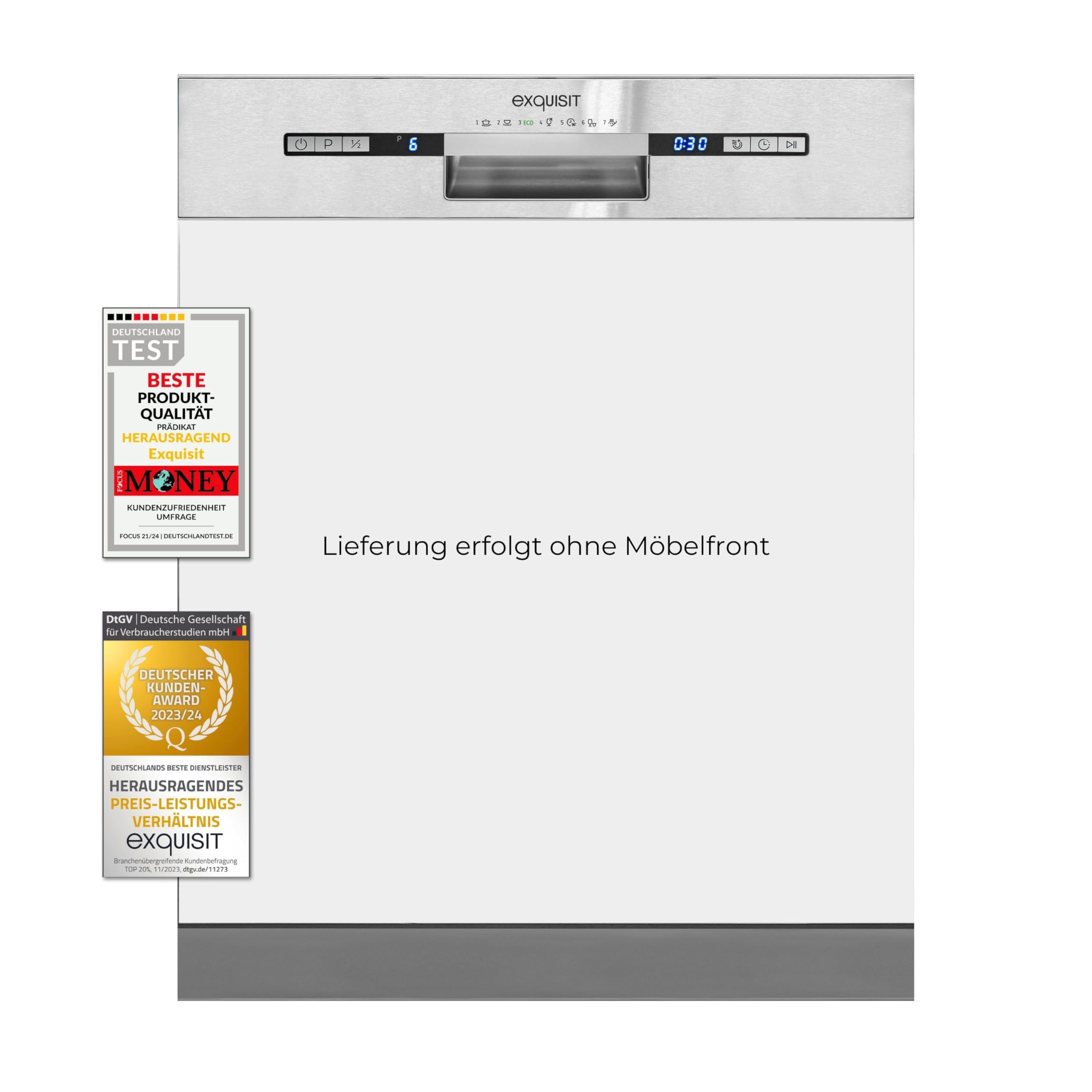 Exquisit PLUS Einbaugeschirrspüler | 13 Maßgedecke, Energieklasse E, 47 dB(A) | vollintegriert, 7 Programme, Eco, Intensiv, Kurz, Extra-Trocknung, Startzeitverzögerung | EGSP2113-EB-030E inox