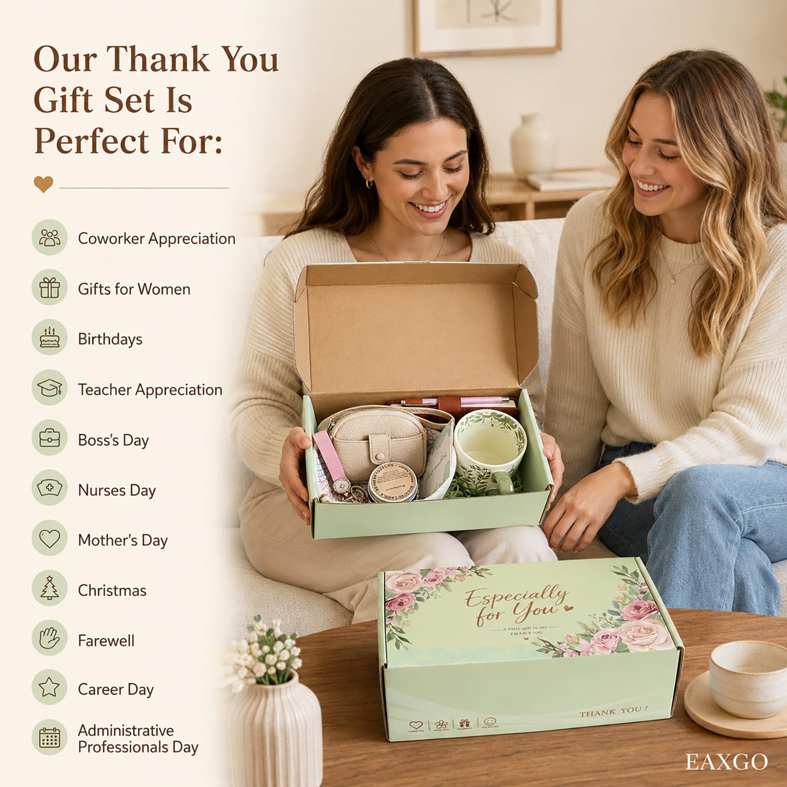 EAXGO Regalo di ringraziamento per donne, cesto regalo di apprezzamento per insegnanti, dipendenti, scatola per la cura premurosa, regalo di compleanno per mamma, amici, moglie, sorella, colleghi