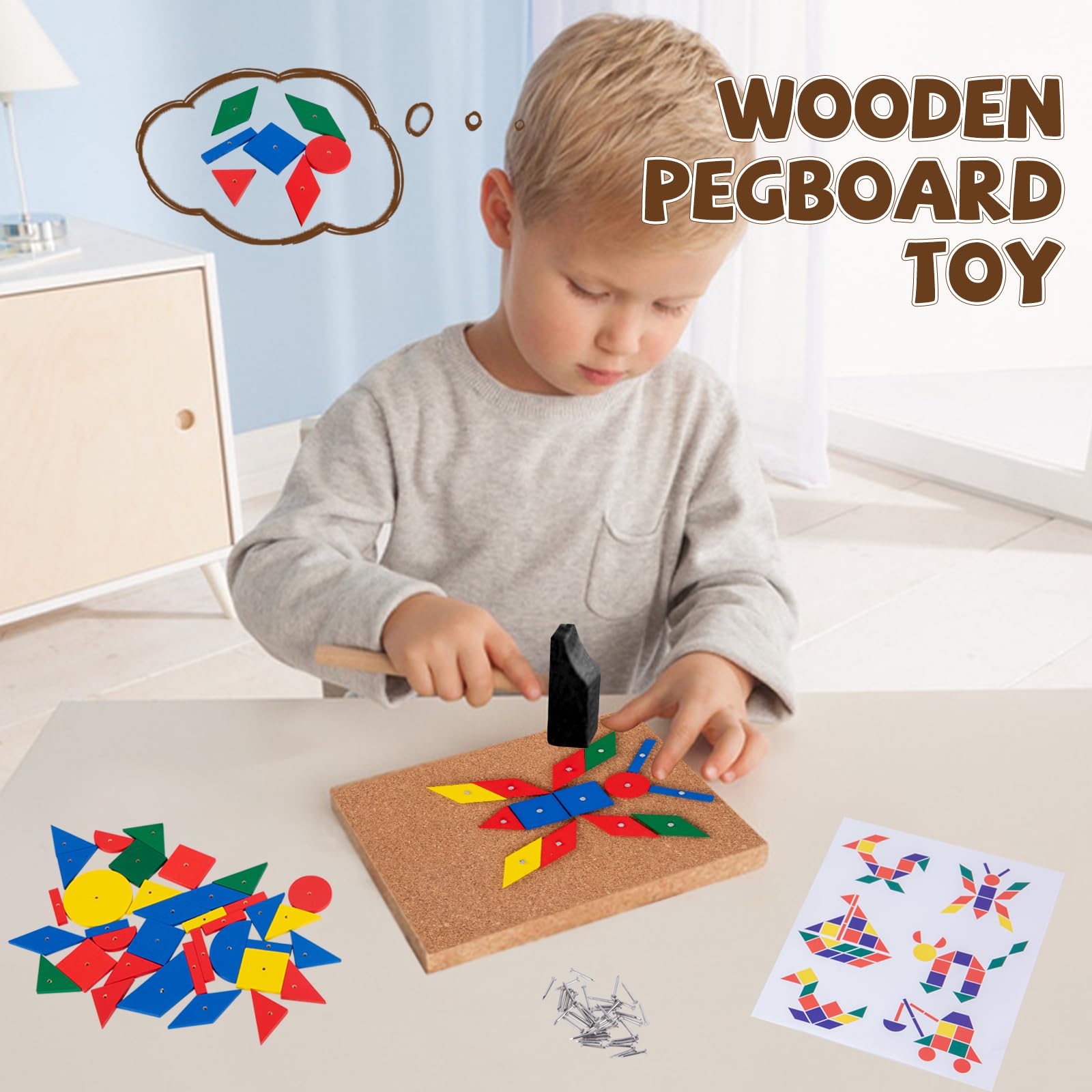 Adena Montessori Hammer and Nail Toys Wooden Pegboard Puzzle for 4-6 Year Olds