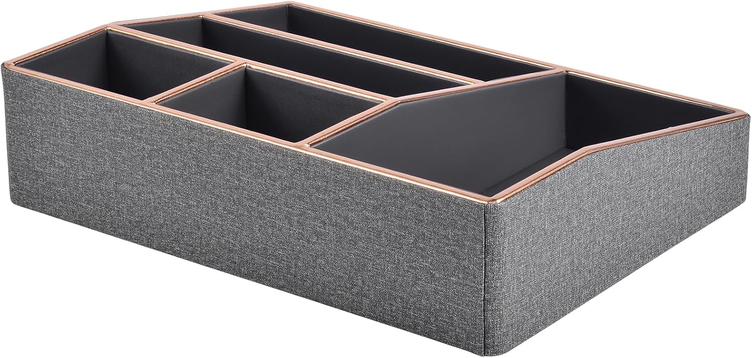 PU Leather Makeup Organizer Tray,Large Vanity Organizer,Cosmetic Storage Box for Lipstick Brushes Skincare Perfume,Cosmetic Display Case Rose Gold-trimmed for Dresser,Bathroom Countertop(Grey)