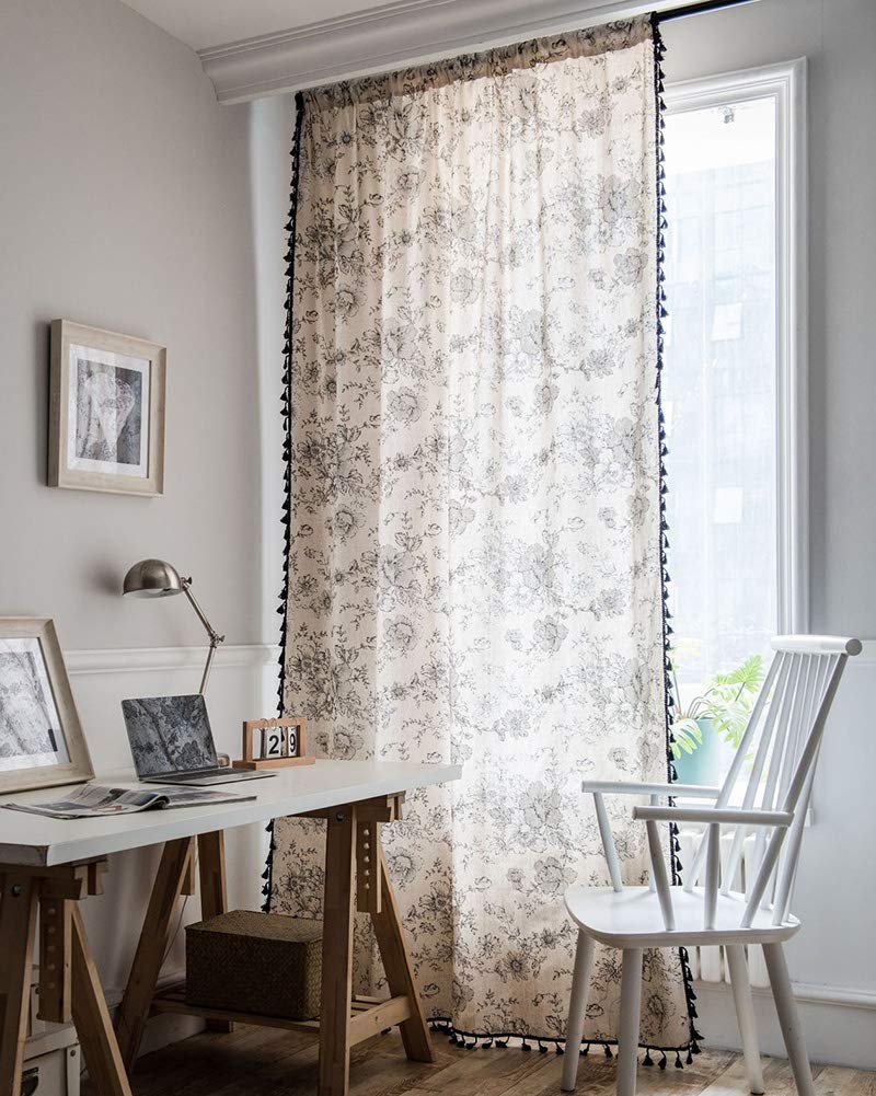 Rideau de fenêtre en coton et lin fleuri bohème 150x160cm pour salon