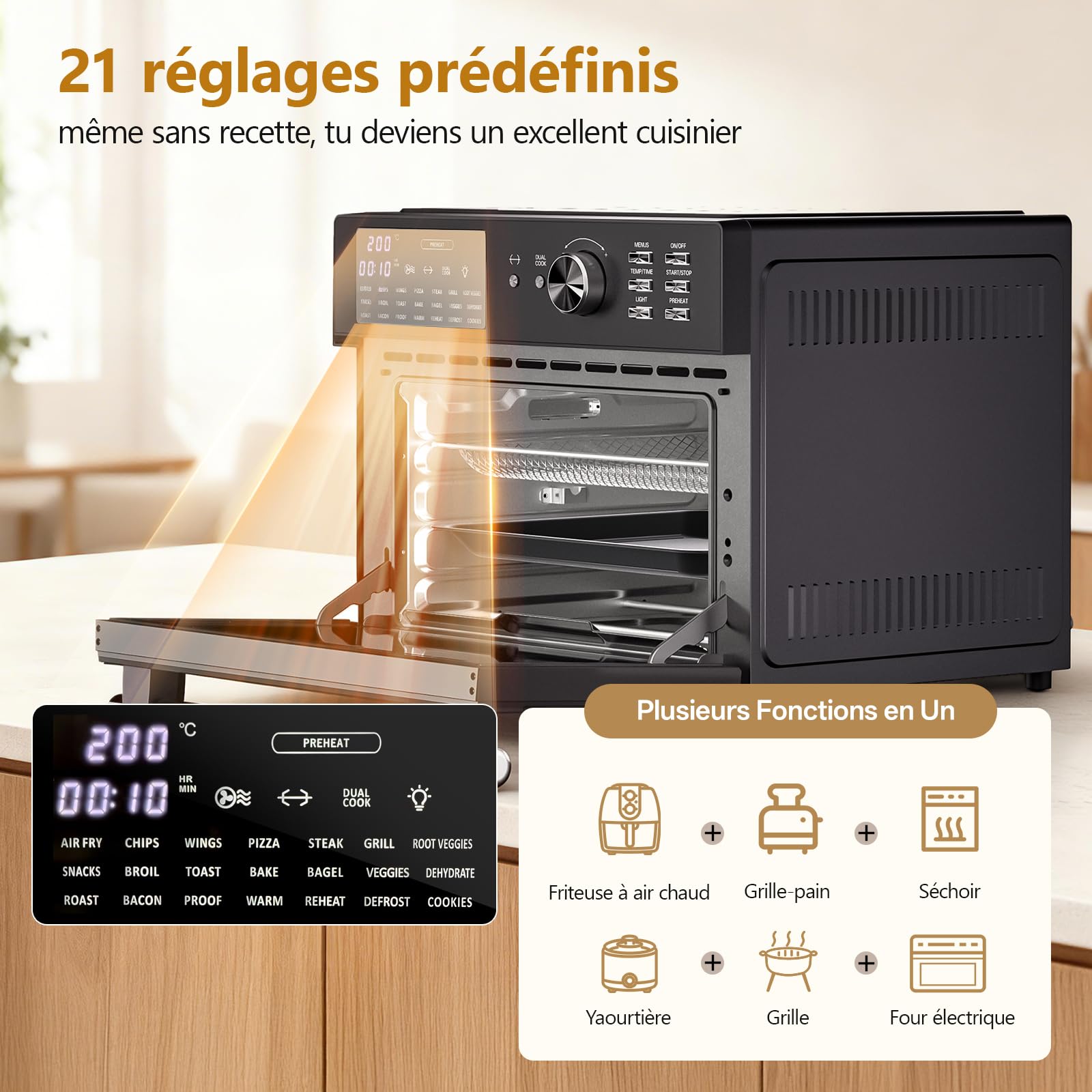 Air Fryer xxl, 1800W Friteuse Sans Huile, 21 in 1 Petit Four a Pizza Electrique avec 7 Accessoires, Grande Capacité, Livre Recette, Grill, Dual Cook, Four, Noir