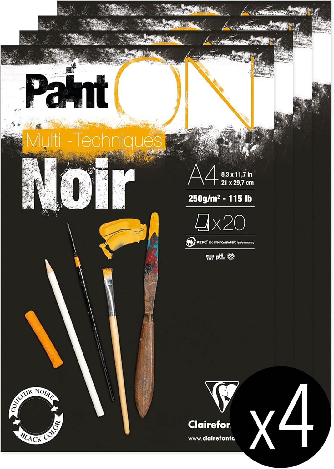 Clairefontaine 975169C PaintON Multi-Technique Glued Pad - 20 Sheets Multi-Technique Drawing Paper Slightly Rough Grain - Black - A4 21x29.7 cm 250g - Pack of 4