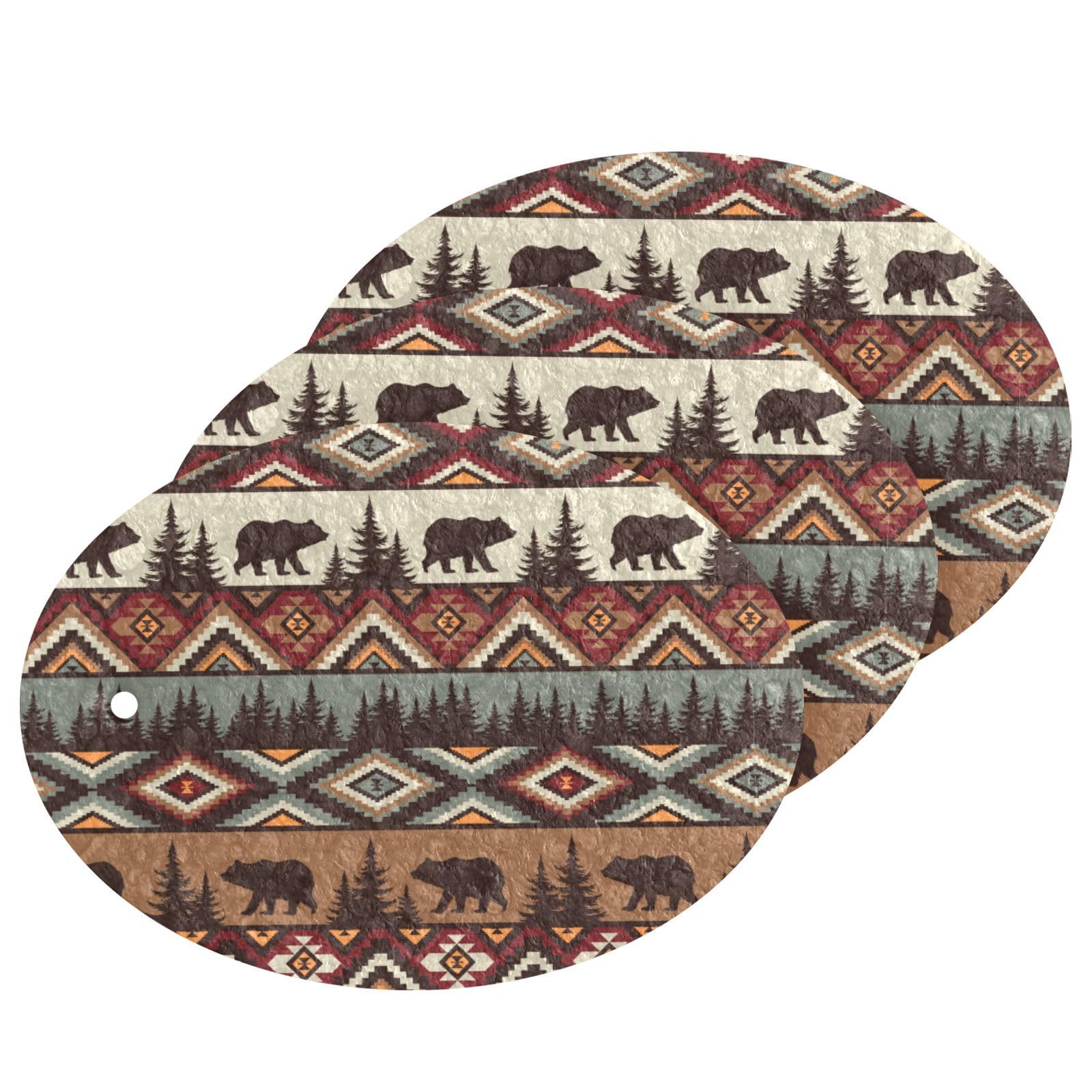 Brown Ethnic Tribe Bear Household Cleaning Sponges 3 Scrub Sponges Vintage Firetree Dual-Sided Dishwashing Sponge Clean Non-Scratch Scrub Sponges for Cleaning Kitchen Washing Dishes Bathroom