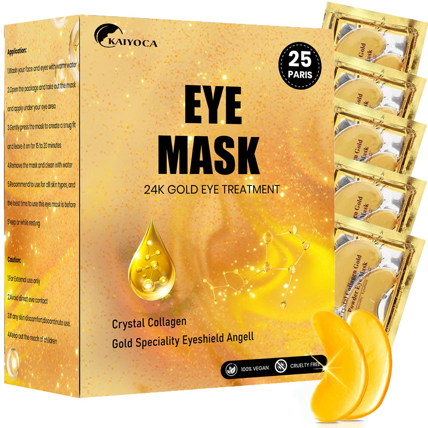 24k Gold Eye Treatment Masks 25 Pairs - Anti-Wrinkle & Dark Circle Therapy with Hyaluronic Acid, Under Eye Gel Pads for Puffiness & Firming