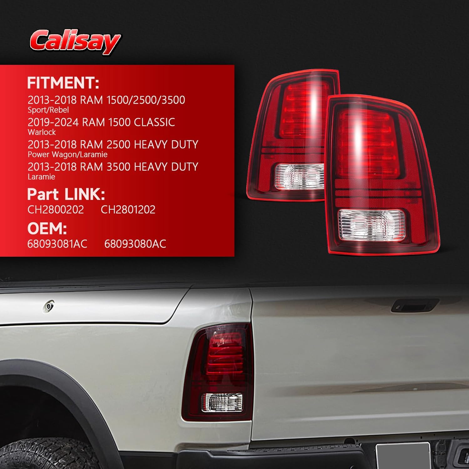 led tail lights compatible with 2013-2018 dodge ram 1500 2500 3500 laramie/limited/longhorn black housing taillights w/bulbs replace ome 68093081ac 68093080ac 68093081ab 68093080ab (pair) pair 13-18 led black