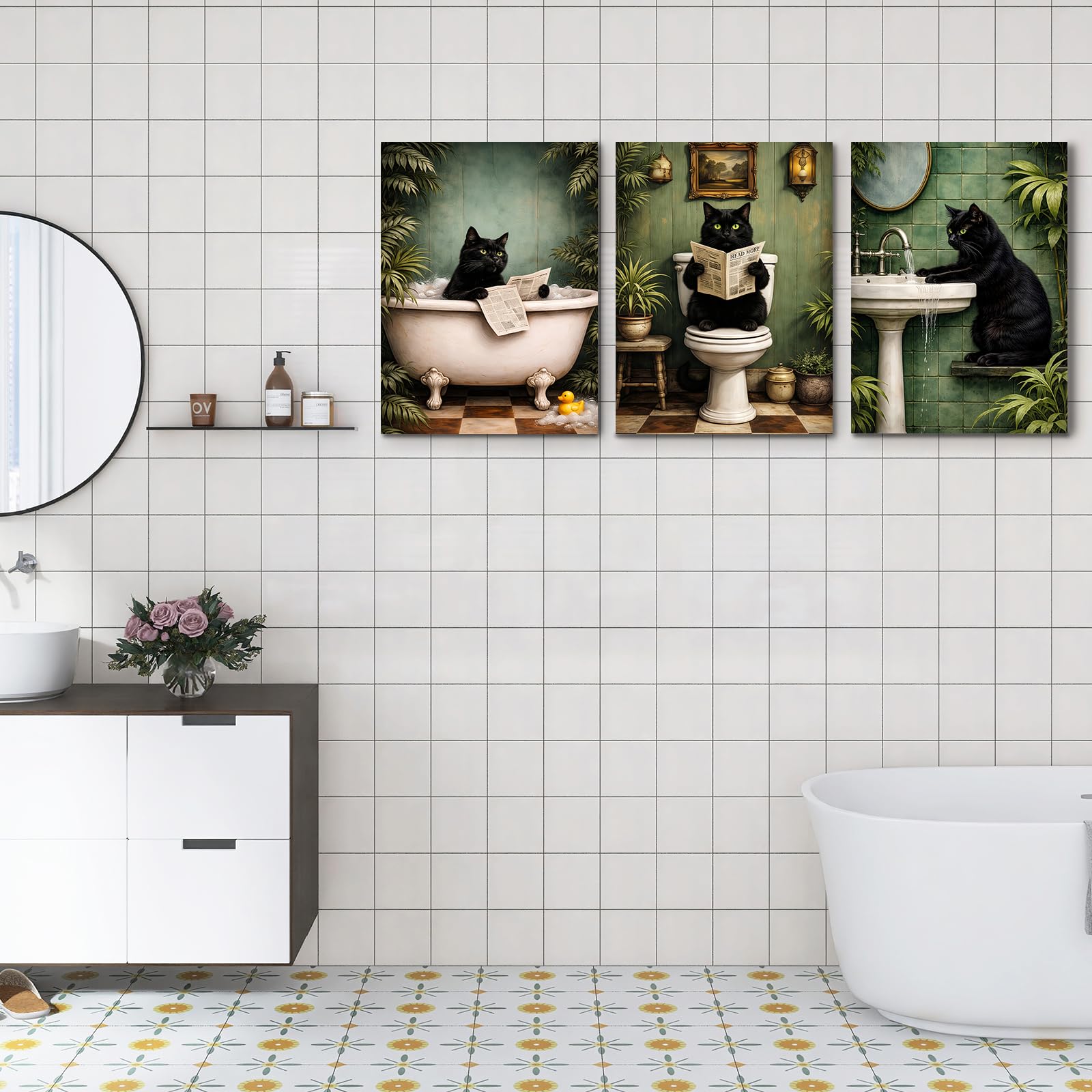Alptiny Set di 3 quadri da bagno da 30 x 40 cm su tela con cornice, simpatici gatti con , decorazione da parete per il bagno, decorazione da parete per il bagno e il WC degli ospiti