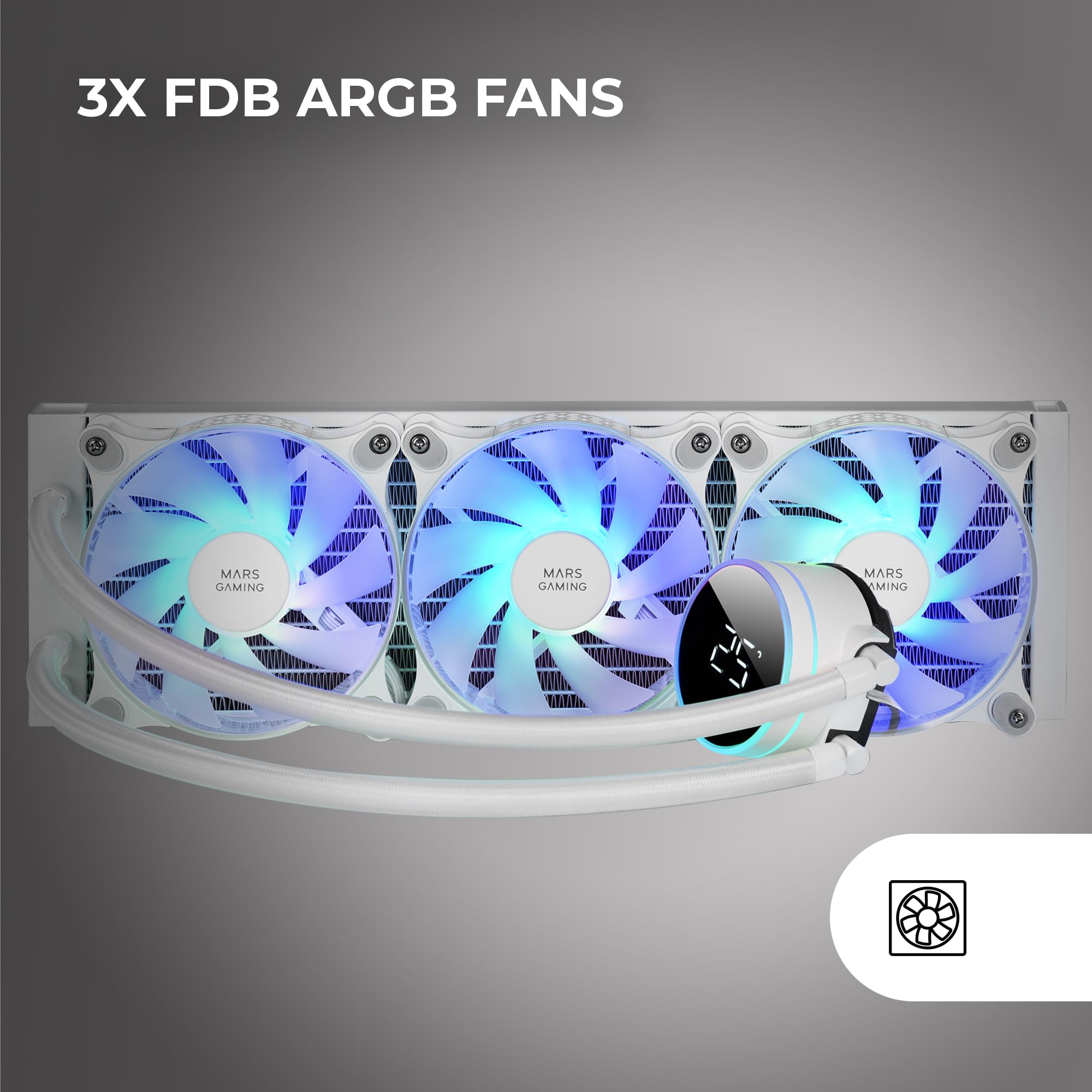 Mars Gaming ML-LCD360, Raffreddamento Liquido AIO, TDP 600W, 3x Ventole FDB ARGB 120mm, Display LCD con Monitoraggio della Temperatura, Pompa Opti-Chamber 3a Gen, Multisocket Universale, Bianco