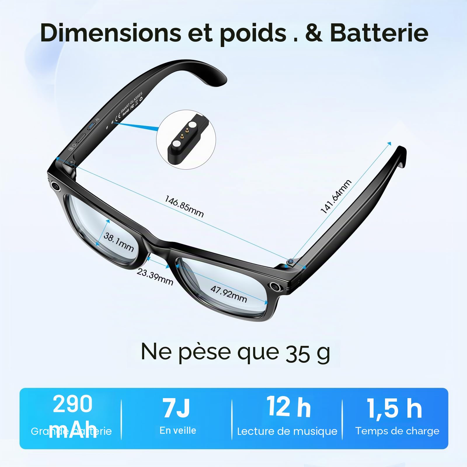 AI Smart Glasses 4K Caméra HD 290mAh 800W Lunettes de caméra avec Enregistrement vidéo, Traduction simultanée/Identification d'objet GPT, lentilles photochromiques