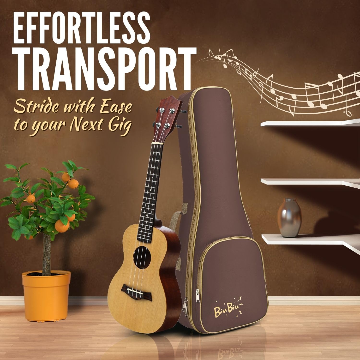 Flexzion Custodia per ukulele, 58 cm, zaino tenore, custodia morbida, impermeabile, con maniglia per il trasporto, tasca e tracolla regolabile, marrone