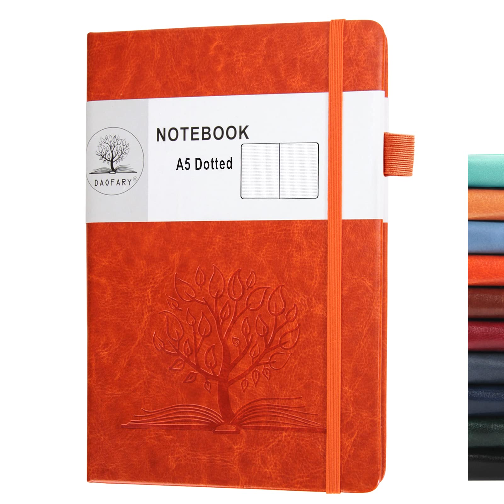 Daofary Dotted Journal Notebook with Pen Holder— A5 Leather Dot Grid Notebook with 160 Pages 100gsm Thick Paper, Hardcover Dotted Journal with Pocket