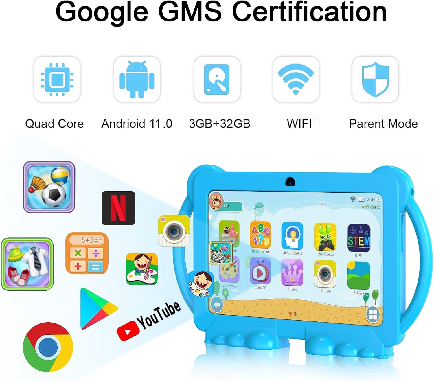 NORTH BISON Kids Tablet, 7 inch Android 11.0 Tablet for Kids, 3GB 32GB Toddler Tablet with Bluetooth, WiFi, GMS, Parental Control, Dual Camera, Shockproof Case, Educational, Games