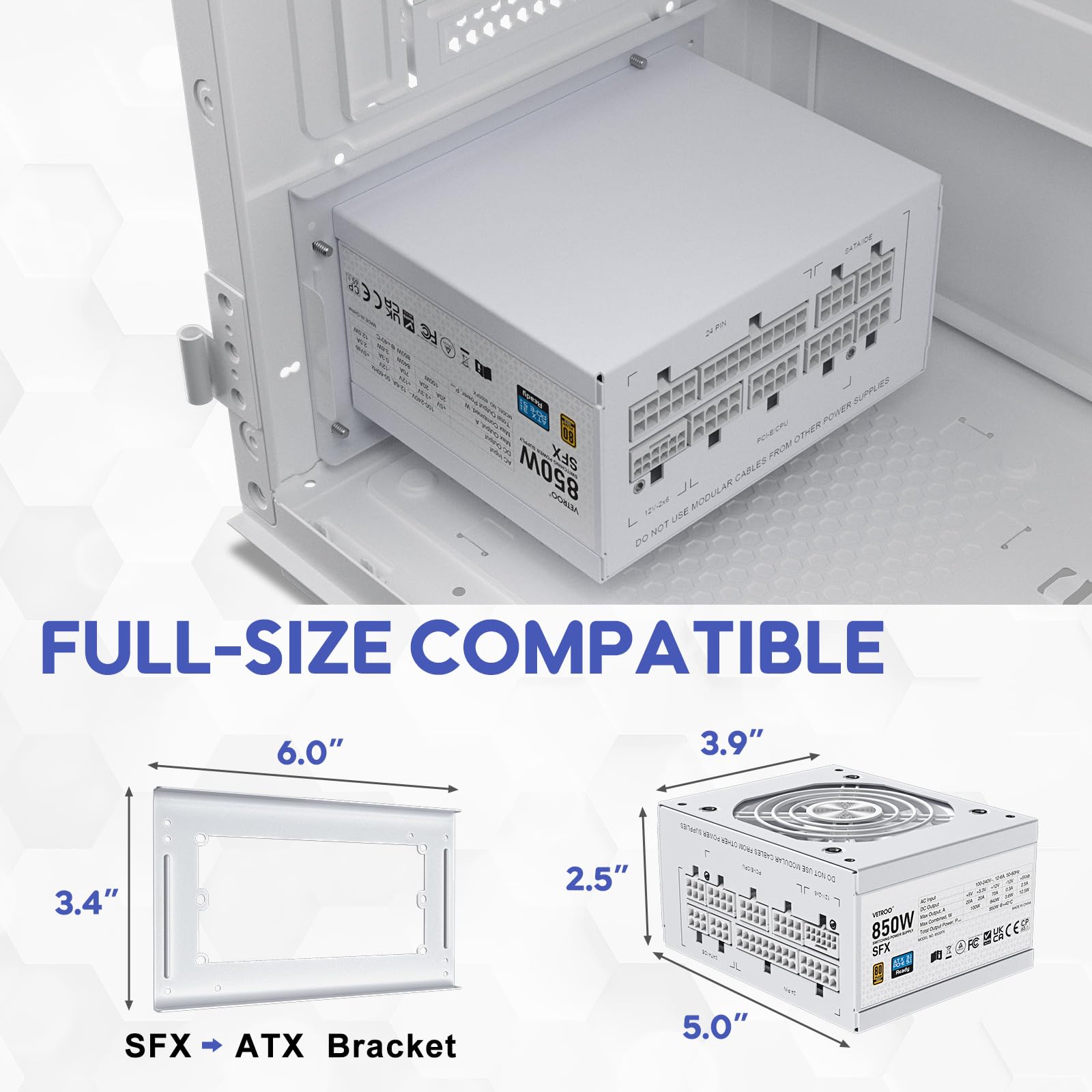 Vetroo 850W SFX Power Supply ATX 3.1 & PCIE 5.1 Ready, 80 Plus Gold Certificate Fully Modular, 90mm FDB Fan for Low-Noise Operation, SFX-to-ATX Bracket, 10-Year Warranty - White — view 6