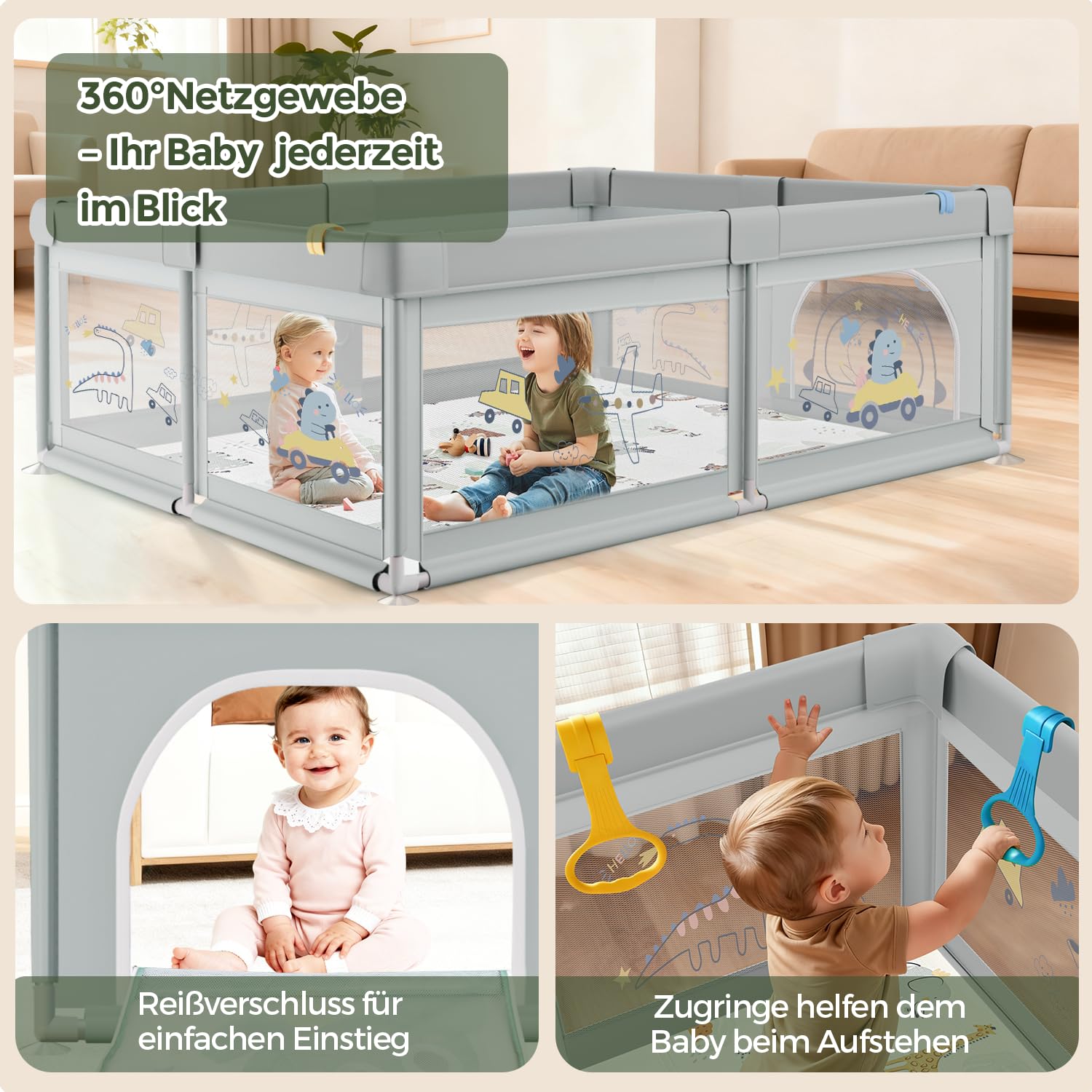 Box Bambini 150X180cm Con Materasso, XL Con Fondo Antiscivolo E Rete Traspirante, Tessuto Oxford 210D, Parco Giochi Per Bambini, Playpen, 60 Palline, 4 Manici