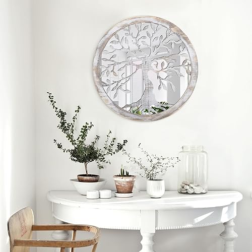 Miniatura 6 de Espejo de pared circular de madera, espejo redondo blanco, espejos rústicos para decoración de pared, árbol de la vida, espejo colgante decorativo