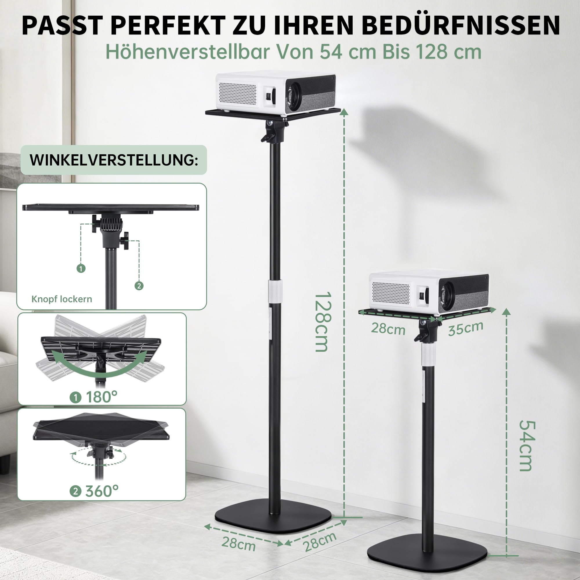 AKOZLIN Projektorständer, höhenverstellbar 57-129 cm, Metall | Belastbarkeit 8 kg, 360° drehbar, Bodenständer, Kompatibel mit DJ-Regal/Kamera/Laptop