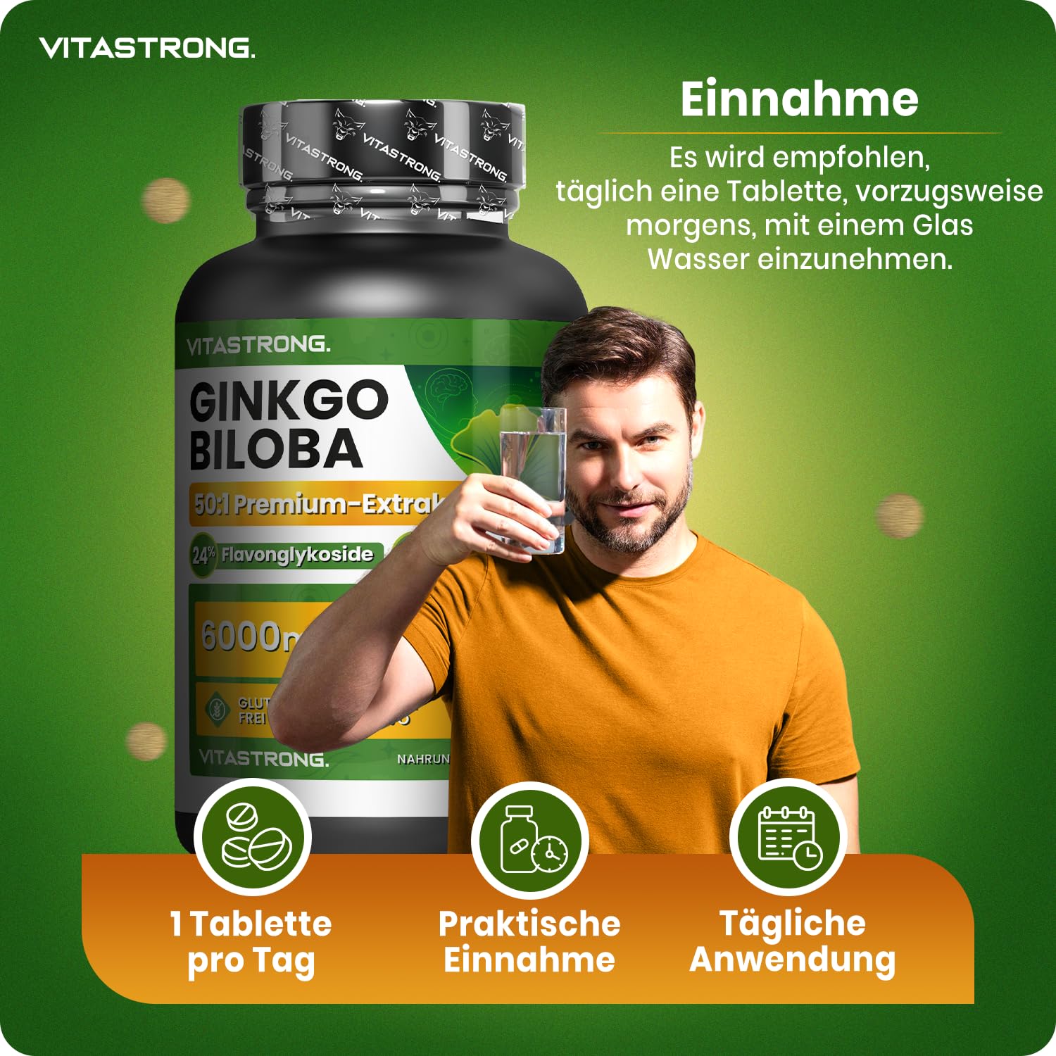 Ginkgo Biloba Nahrungsergänzungsmittel Vitastrong, 180 Vegan Tabletten, 6000mg hohe Bioverfügbarkeit, natürliches Nootropikum, Brain Focus Konzentration, Ginkgo Biloba Hochdosiert Gluten- und GVO-frei