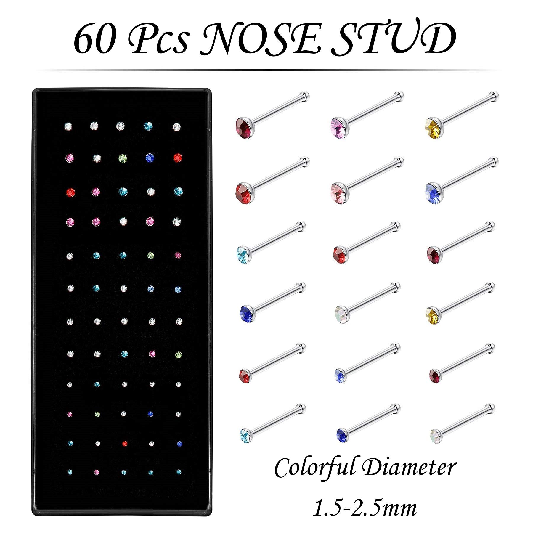 Nose Rings Studs and Hoops, Surgical Stainless Steel Hypoallergenic Nose Rings Set for Women Men, Straight/L/Screw Shaped and 1.5/2.0/2.5mm Rhinestone Nose Piercing Jewelry and Ideal Gift