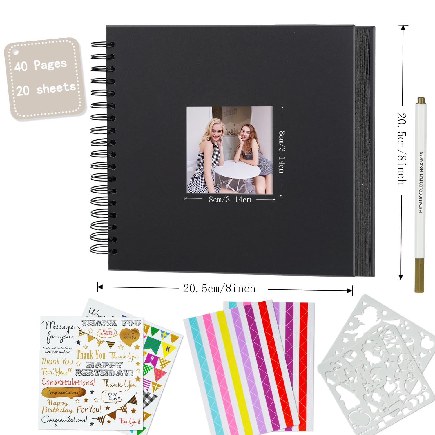Miaikoe 20.5x20.5 cm DIY Scrapbook Album with Window Hardcover Kraft Blank Paper Scrap Book with 20 Sheets Photo Album for Guest Book Family Wedding Anniversary (Black) - Image 4