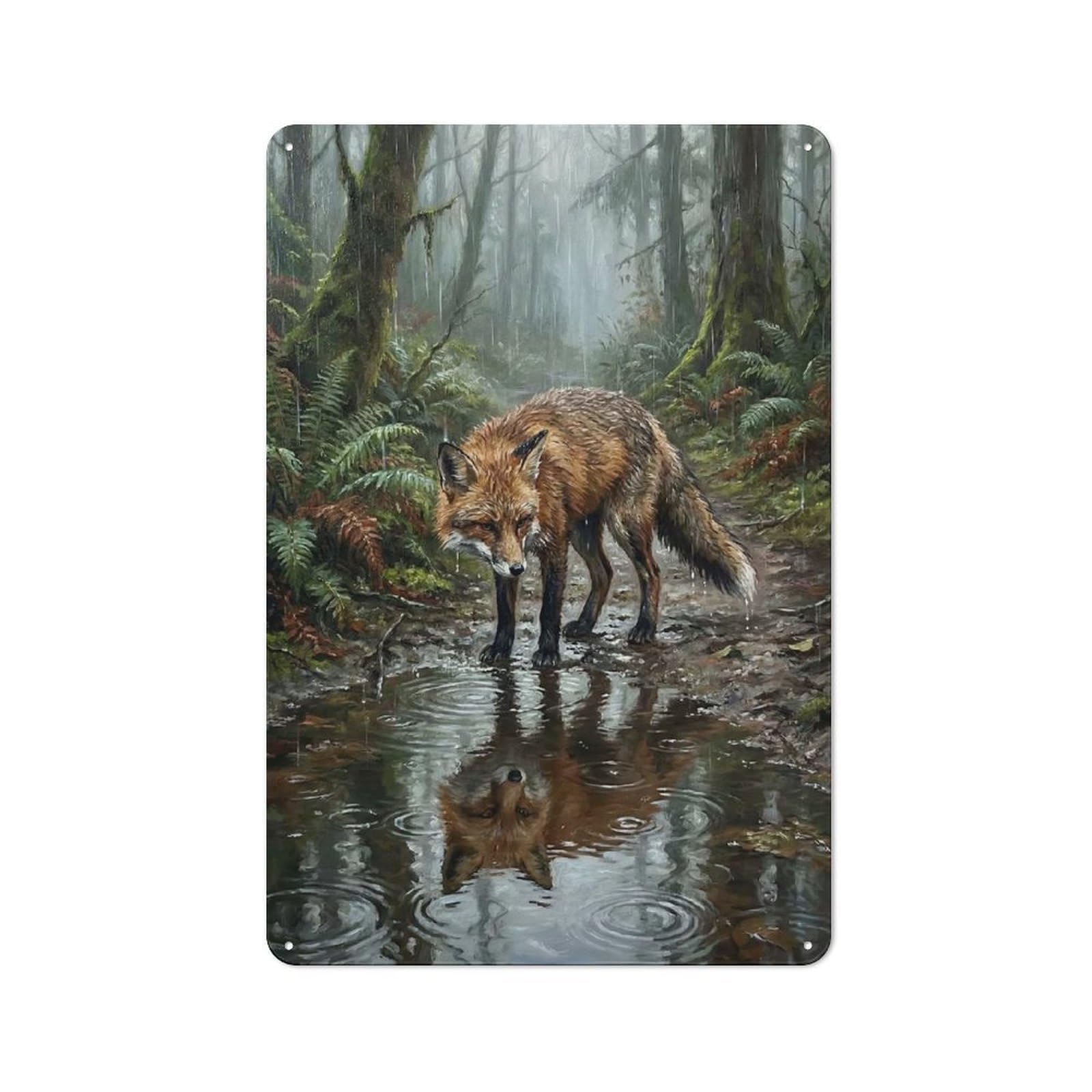 Junmoney Style-19 Tin Sign 30X20cm With Fox In A Rainy Forest For Workshop Wall, Retro Decor, For Metal Sign Collectors, For Cafés, Pubs And Restaurants