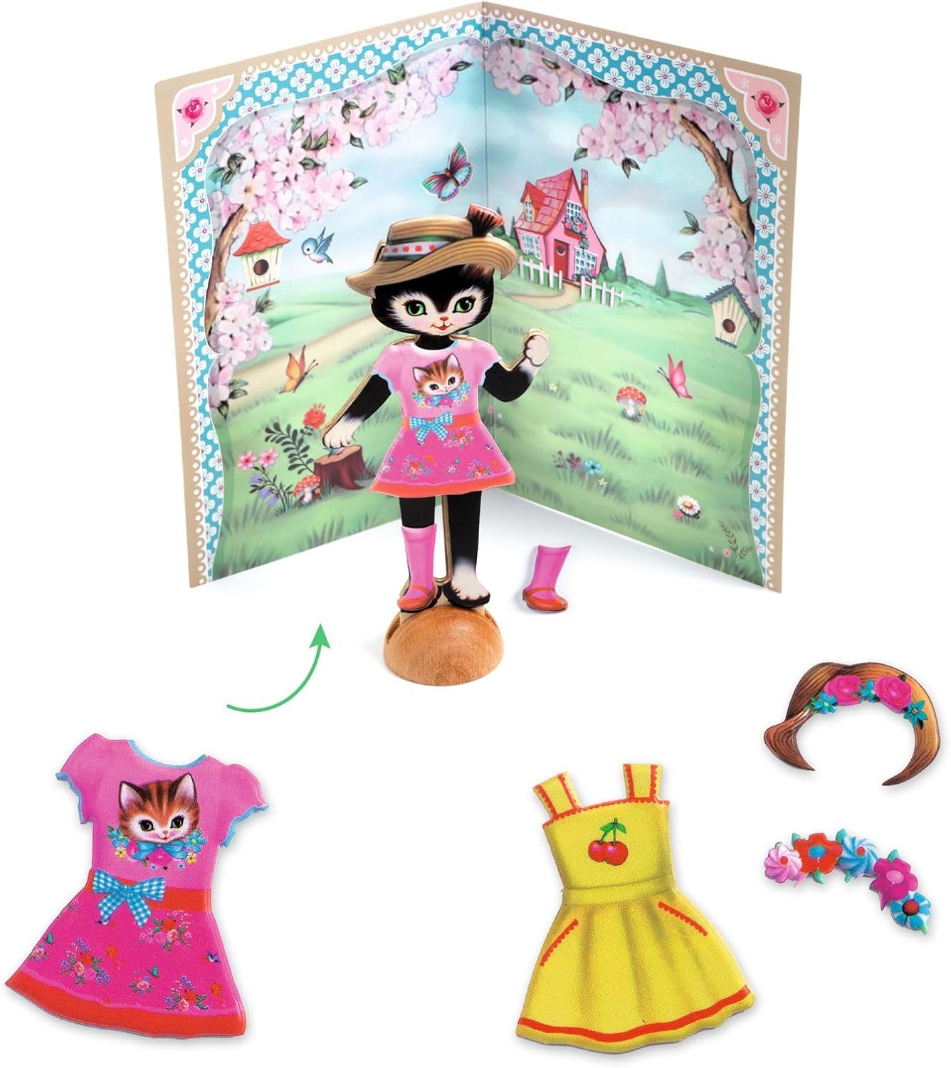 DJECO Dress-Up Stickers - 3 Wooden Cats & 65+ Stickers for Home, School or Gifts - Fun & Creative for Family & Friends - Educational Fashion Play for Preschool, Kids 3+