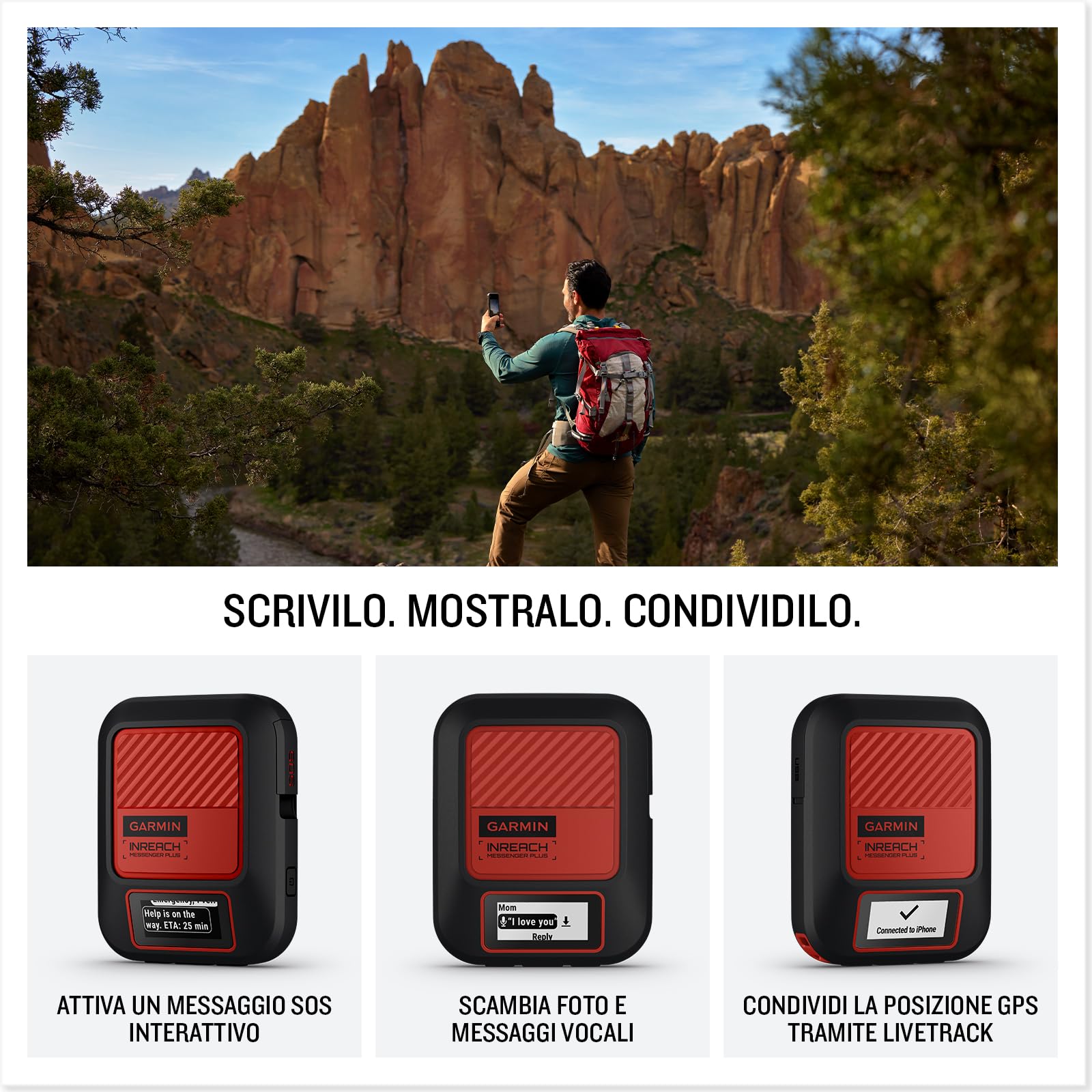 Garmin InReach Messenger Plus, Comunicatore Satellitare, Copertura Iridium, Invia e ricevi SMS, Immagini e Vocali, Messaggi di gruppo, Lancia SOS, LiveTrack, TracBack