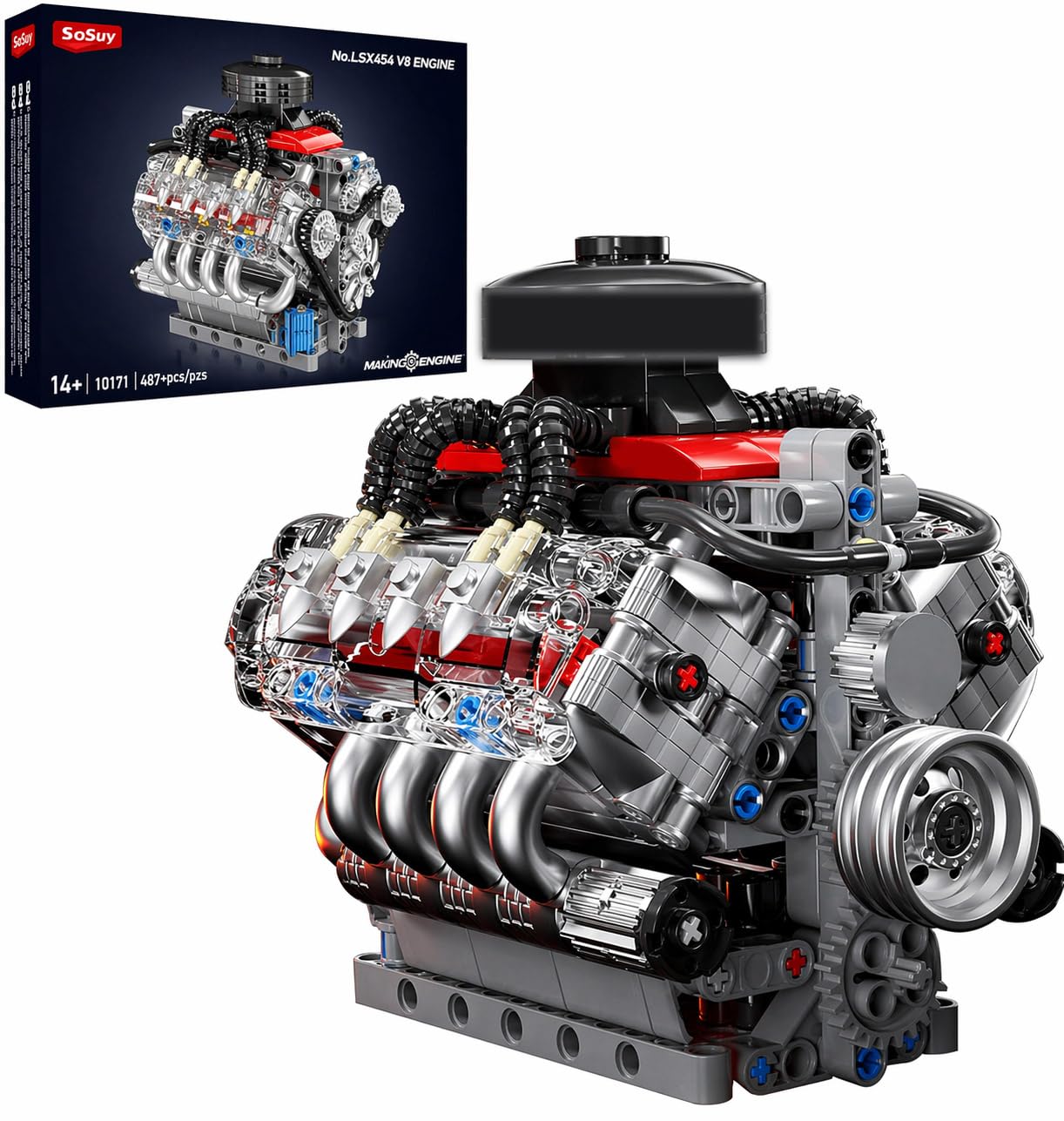 Sosuy V8 Juego de Bloques de construcción del Motor, Modelo de Motor de Funcionamiento, Juego mecánico de 487+PCS para exhibición en casa para coleccionistas, Juguetes Stem para niños, Regalo de