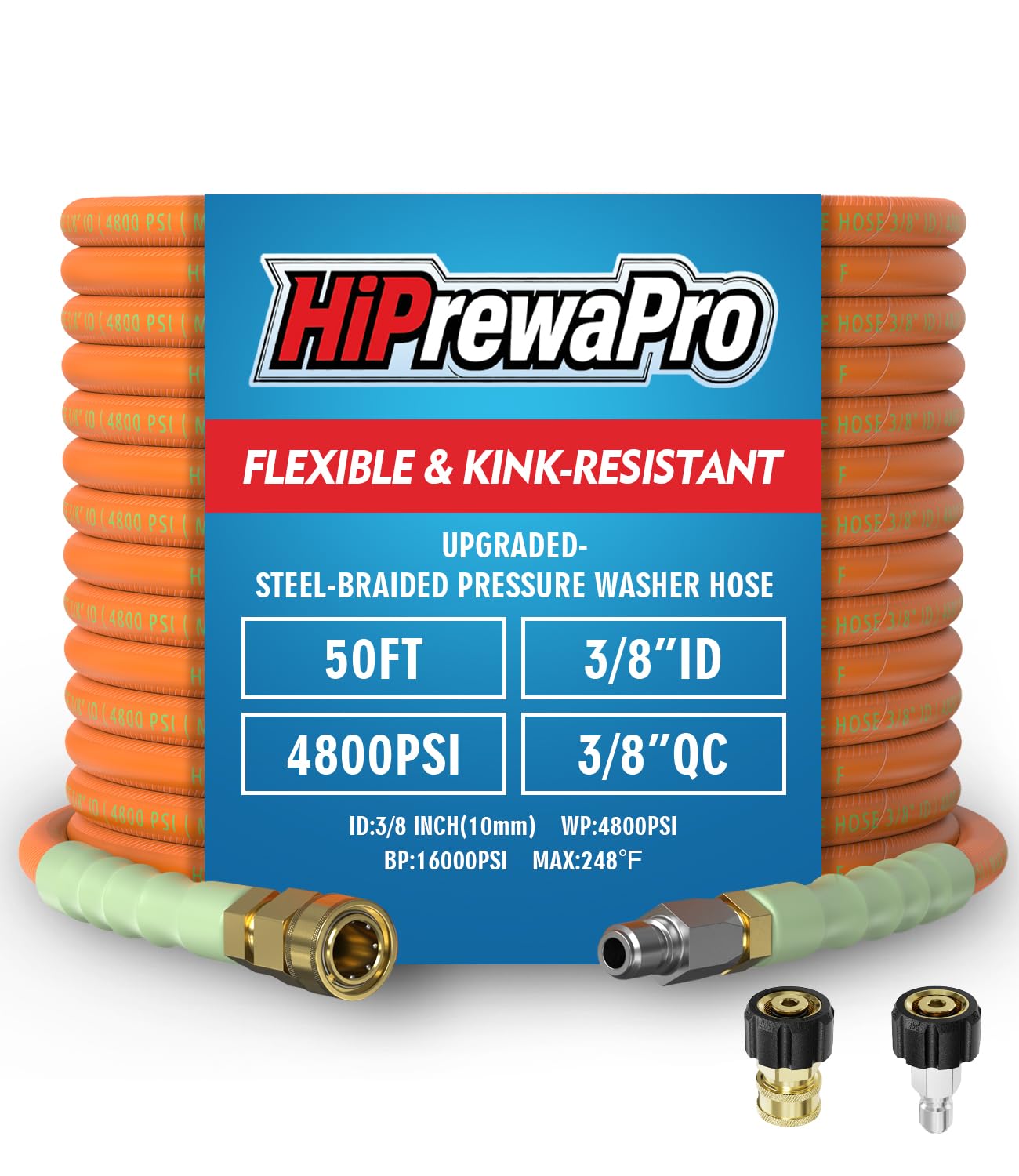Photo 1 of HiPrewaPro 3/8" ID Pressure Washer Hose 50 ft, 4800 PSI Steel-Braided & Durable - Flexible & Kink-Resistant, Power Washer Hose with Swivel Quick Connect & M22-14mm Adapter, Hot/Cold Water Compatible