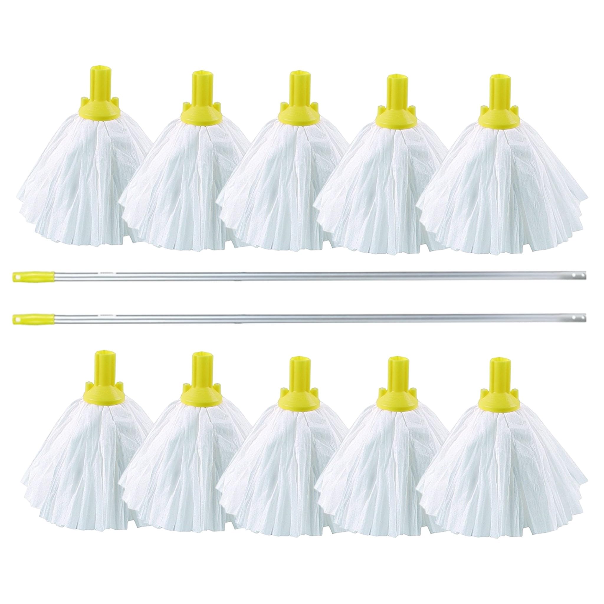 Aardvark Janitorial Supplies Yellow 10 Big White Disposable Exel Mop Heads With 2 Colour Coded Handle (Yellow)