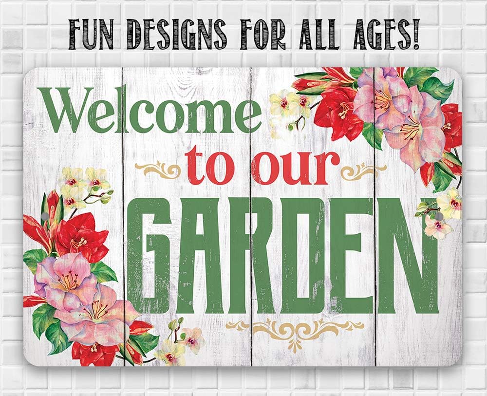 Welcome To Our Garden - Floral Garden Sign, She Shed Decoration and Flower Display, Greenhouse Outdoor Decor and Great Gift for Gardeners, 12x18 Use Indoors or Outdoors Durable Wood Style Metal Sign