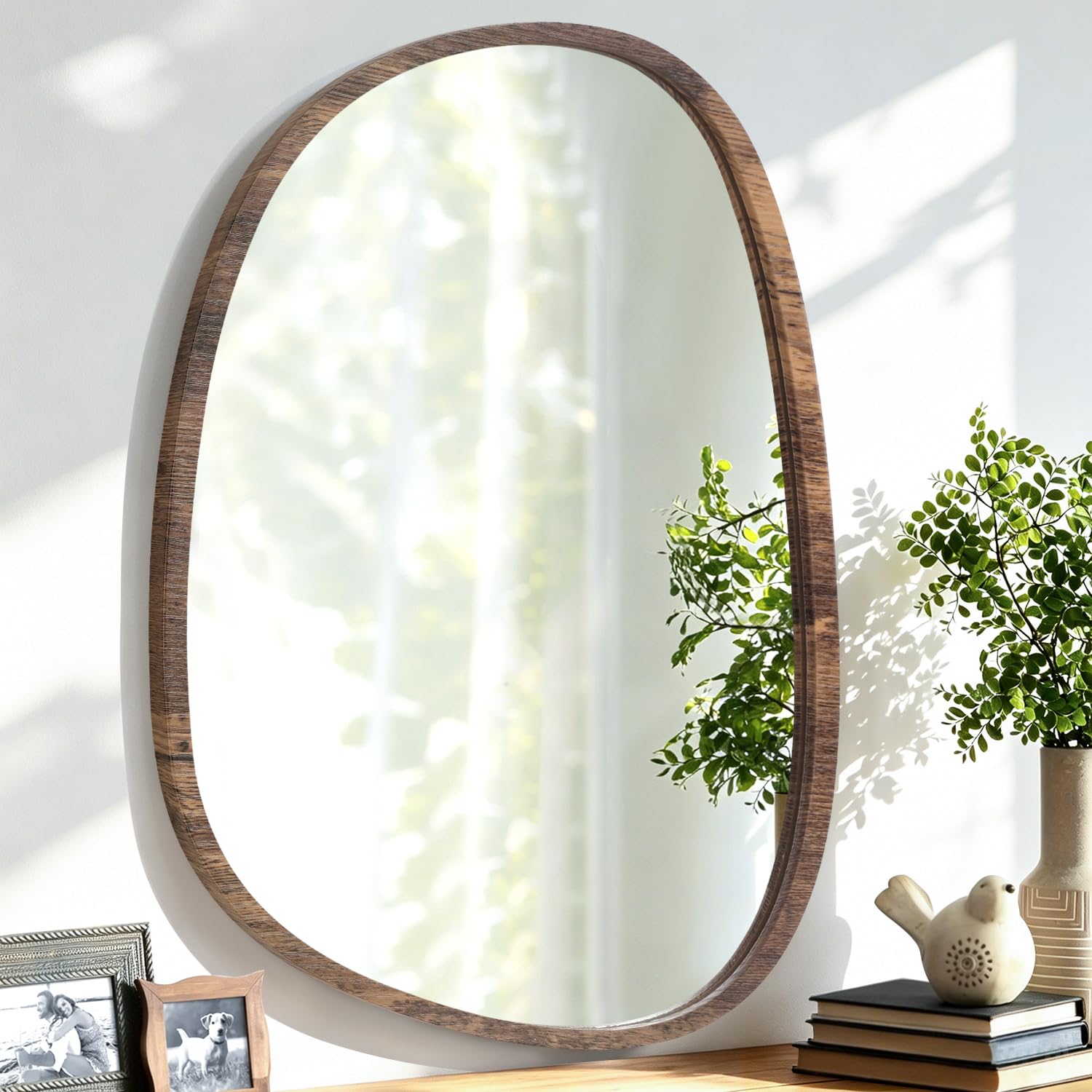 Lzuso Asymmetrical Wall Mirror With Wood Frame Irregular Modern Hanging Mirror for Wall for Vanity Living Room Bedroom Bathroom Entryway Hallway Modern Unique Decorative Artistic Mirror
