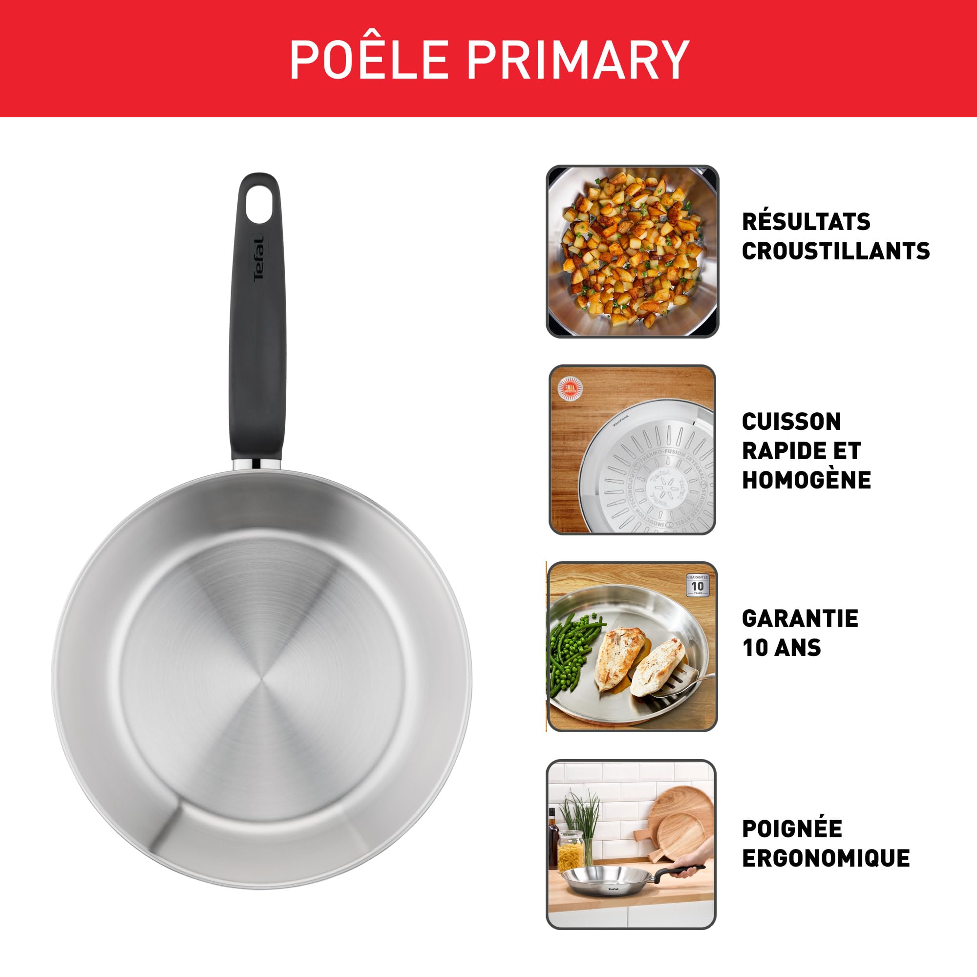 Tefal PRIMARY Sartén 20cm, acero inoxidable de primera calidad con garantía de 10 años, sin recubrimiento, inducción, resultados crujientes, E3080204