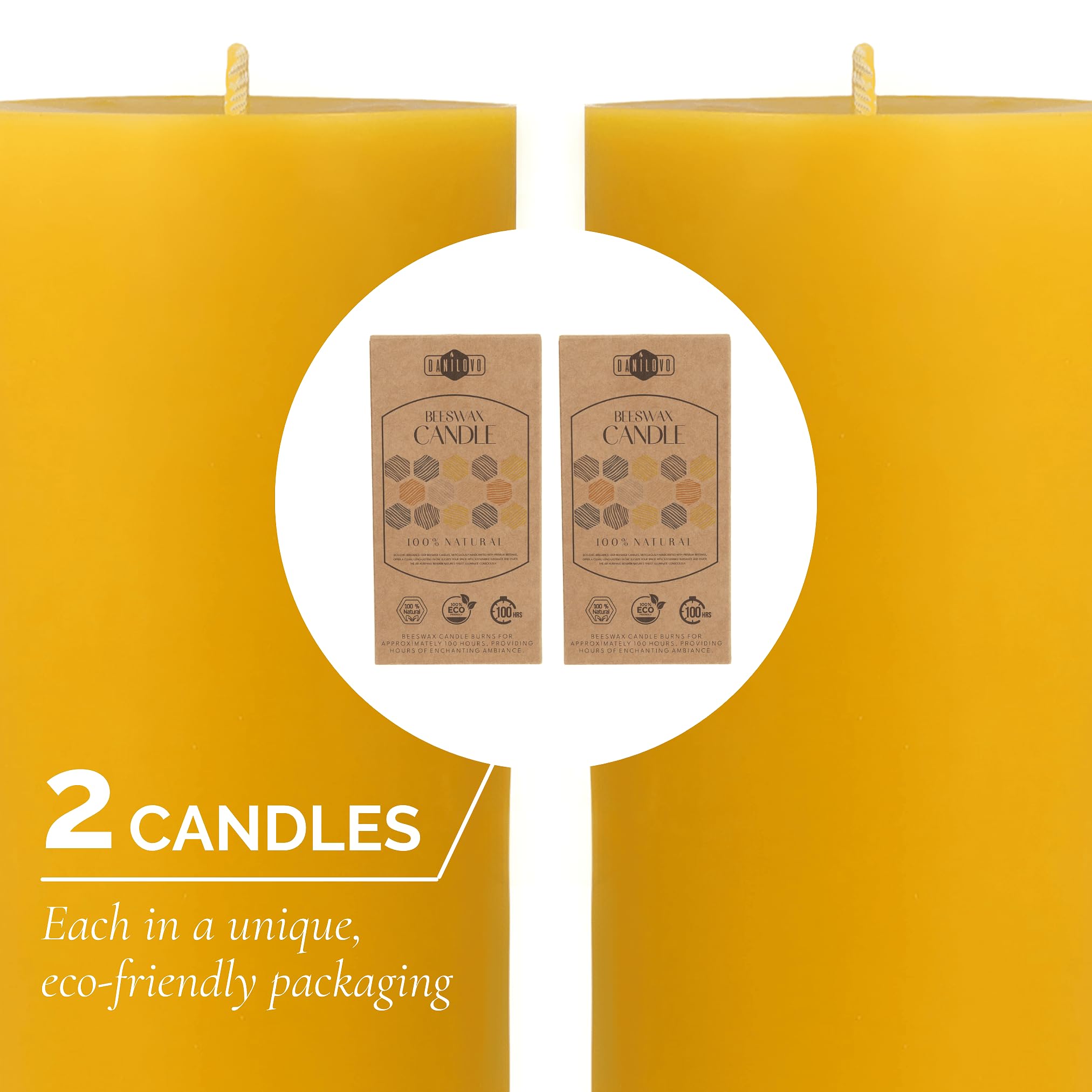 Danilovo Bougie Pilier en Cire d'Abeille Naturelle, Bougies Piliers 100% Pures, sans Danger, Luxueuses, pour une Maison Agréable, Parfum de Cire d'Abeille Naturel (2 pièces, 7.5x15 cm, 100 heures)