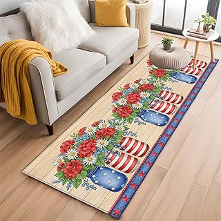 Red Blue Floral Vase Star Heart Wood Grain Runner Rug 2'x6', Hallway Runner Rugs Washable Non-Slip Bedside Floor Mats Carpet for Kitchen Bedroom Laundry Room Bathroom