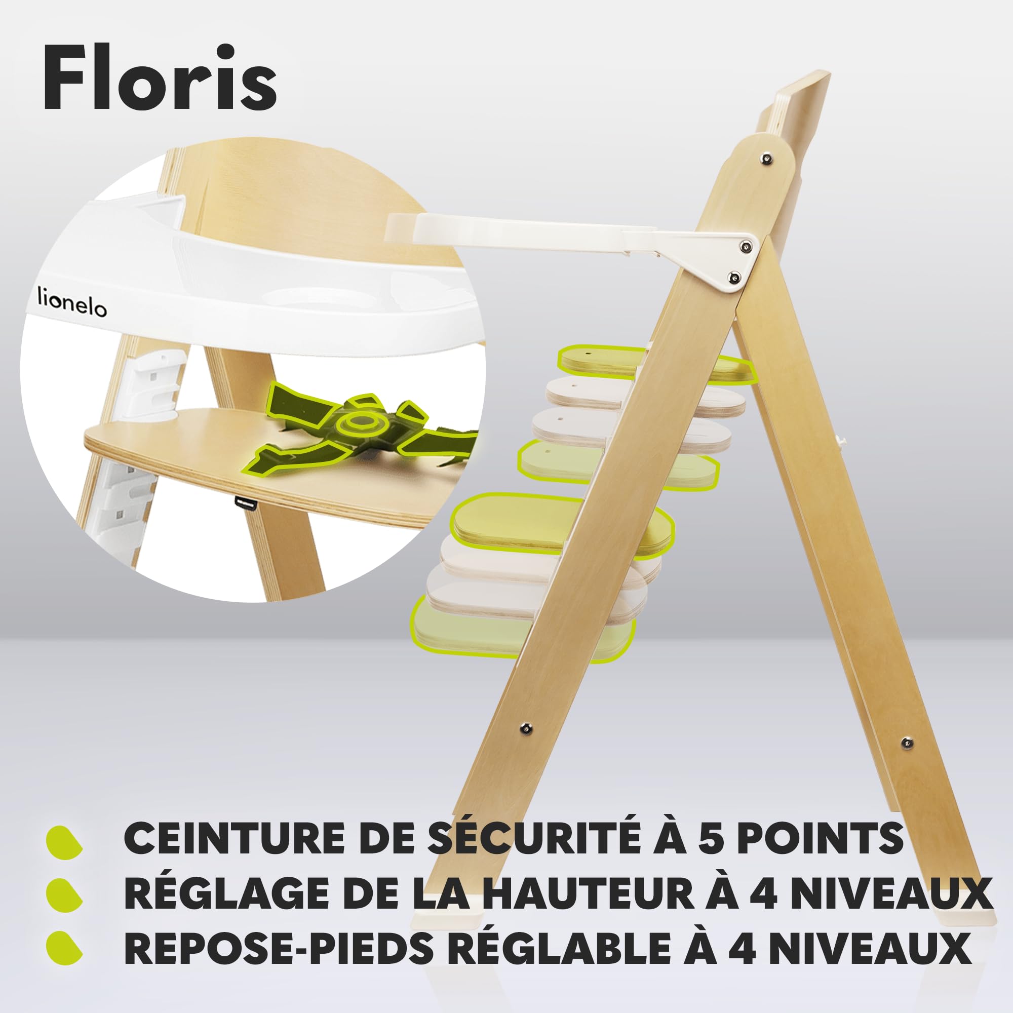 LIONELO Floris chaise haute bébé en bois 3 en 1, plateau amovible, de 6 à 36 mois, ceintures de sécurité à 5 points, capacité de charge jusqu'à 15 kg / 40 kg (NATURAL)